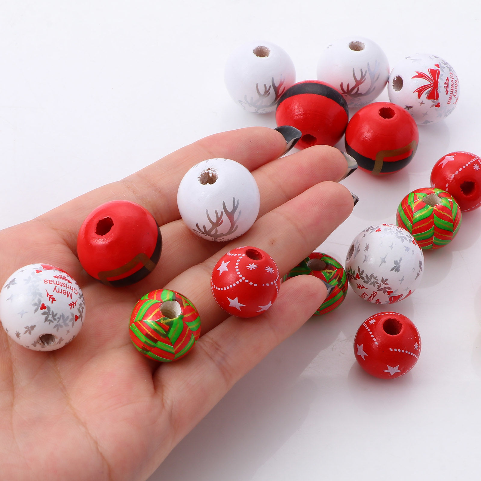 Picture of Natural Wood Christmas Spacer Beads Round Multicolor Message " Merry Christmas "