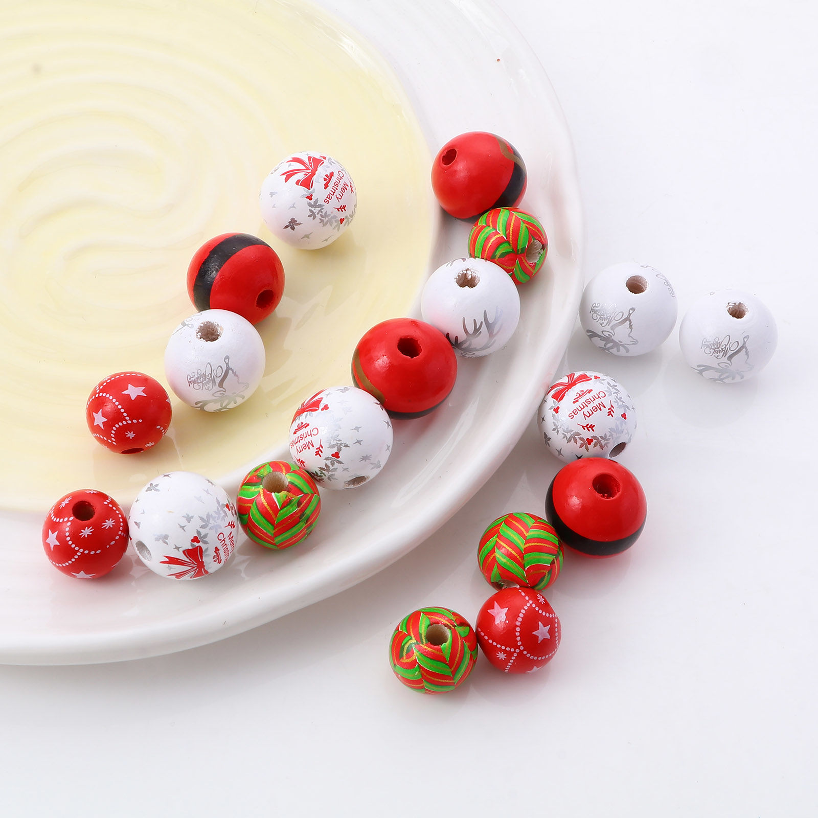 Picture of Natural Wood Christmas Spacer Beads Round Multicolor Message " Merry Christmas "