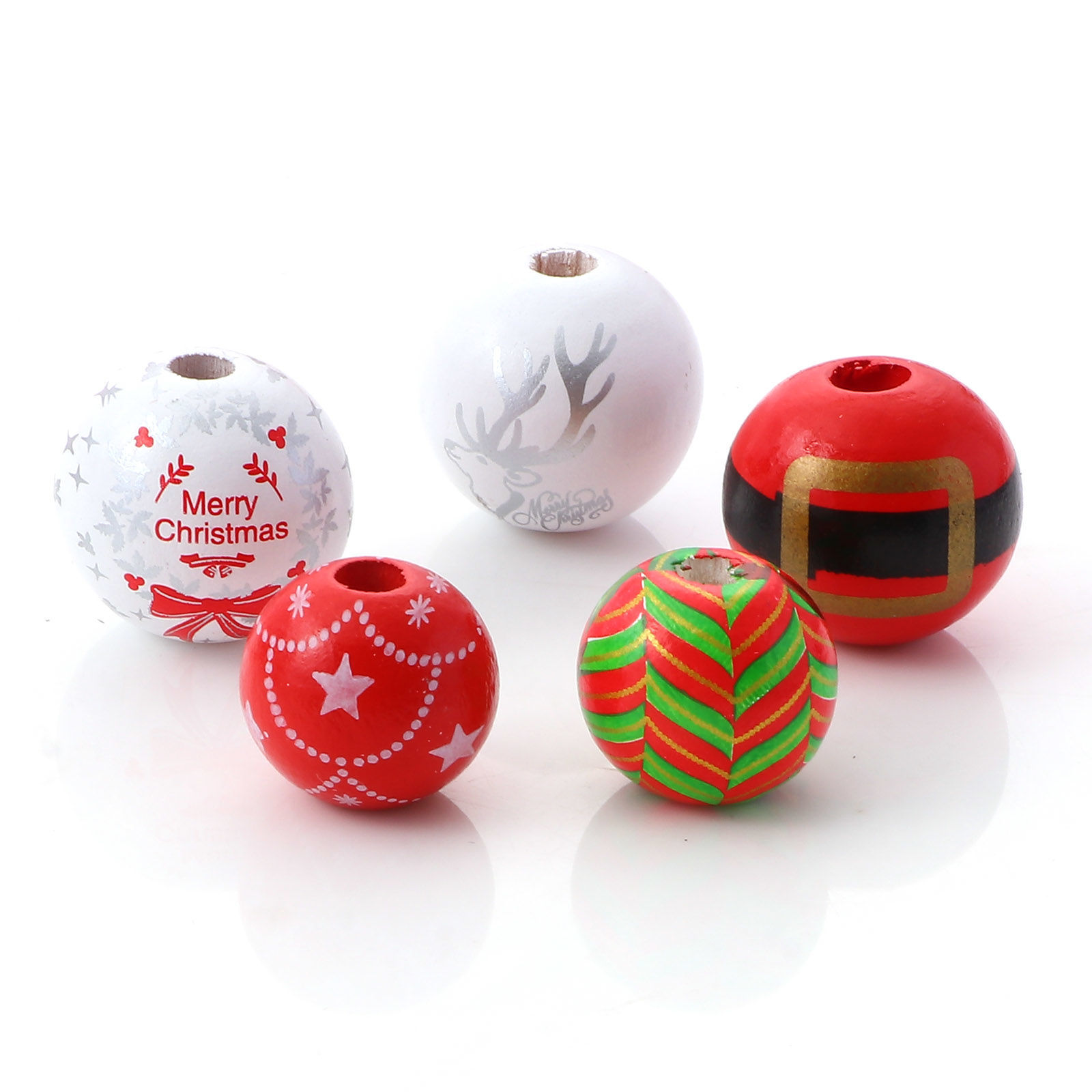 Picture of Natural Wood Christmas Spacer Beads Round Multicolor Message " Merry Christmas "