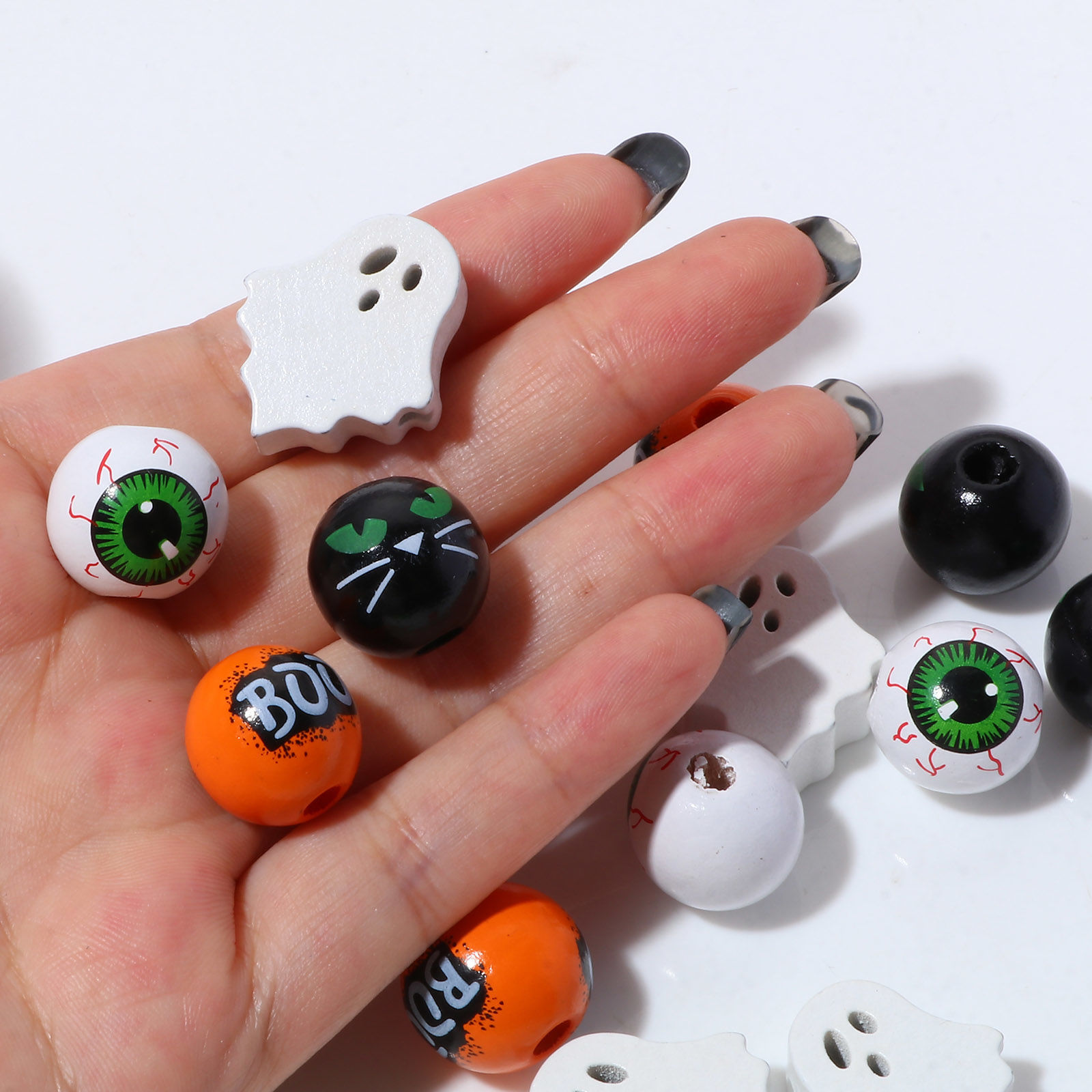 Picture of Natural Wood Halloween Spacer Beads Ghost Multicolor Eye Message " Boo "