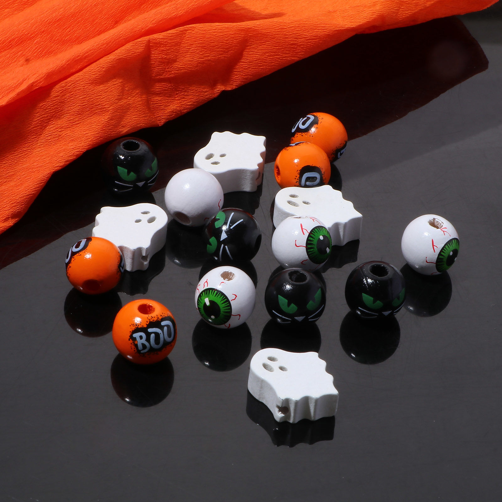 Picture of Natural Wood Halloween Spacer Beads Ghost Multicolor Eye Message " Boo "