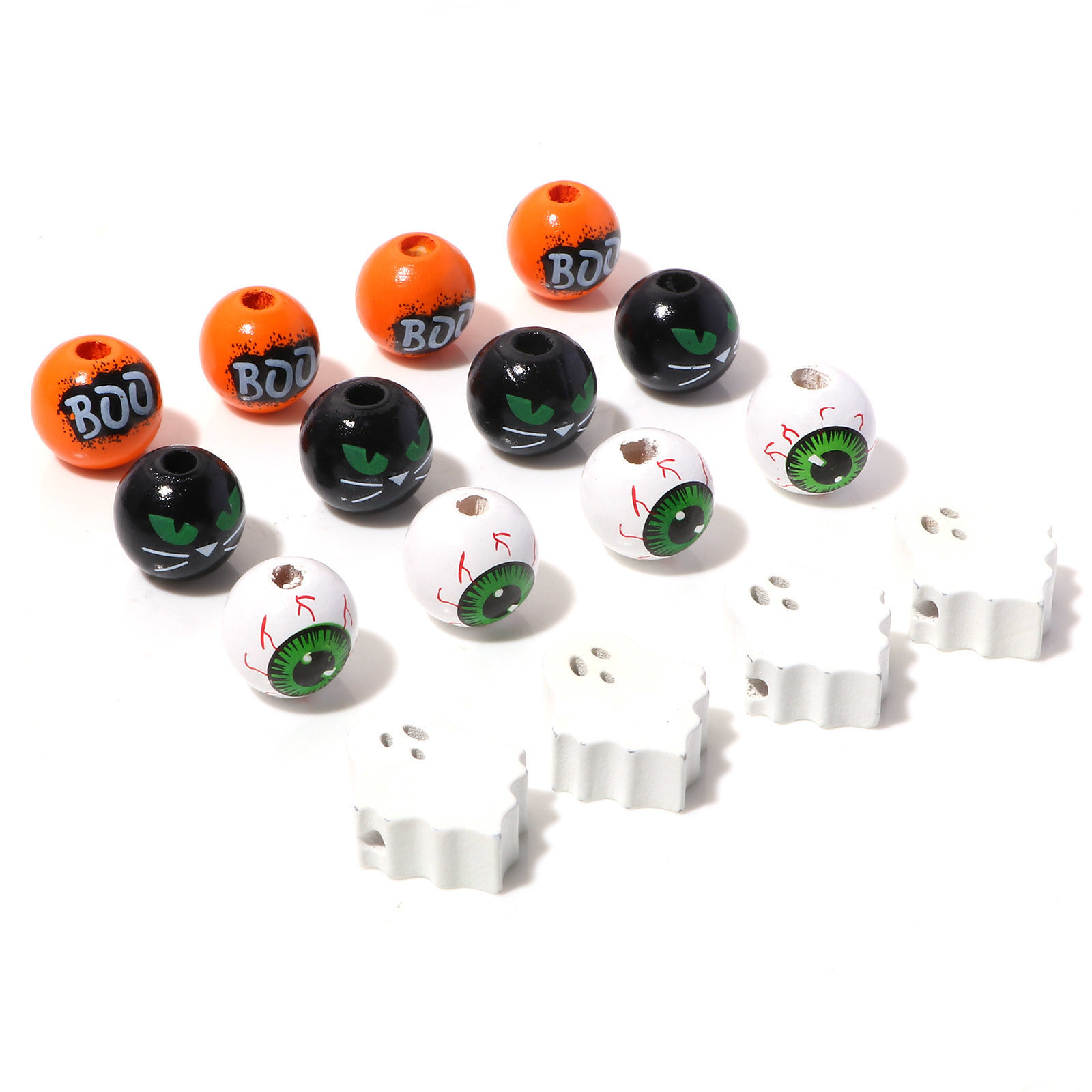 Picture of Natural Wood Halloween Spacer Beads Ghost Multicolor Eye Message " Boo "