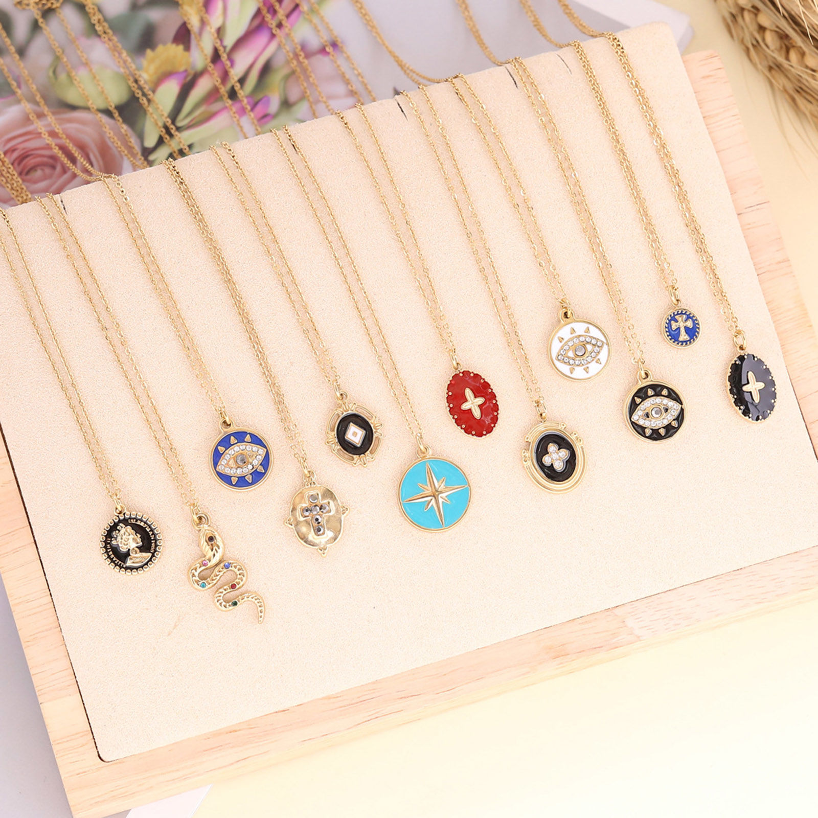 Imagen de Acero Inoxidable Religión Link Curb Chain Collares Chapado en Oro Multicolor Geométrico Mal de ojo Esmalte 40cm longitud, 1 Unidad