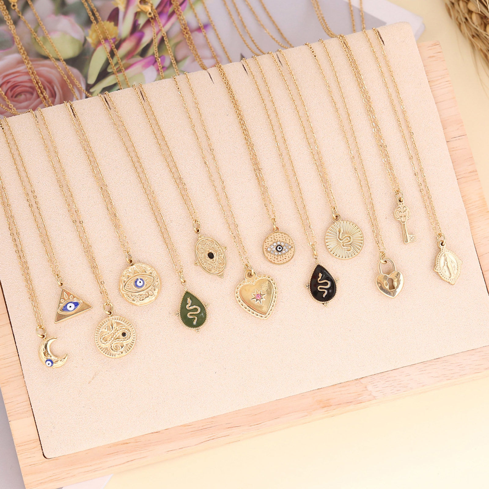 Imagen de Acero Inoxidable Religión Link Curb Chain Collares Chapado en Oro Multicolor Geométrico Mal de ojo Esmalte 40cm longitud, 1 Unidad