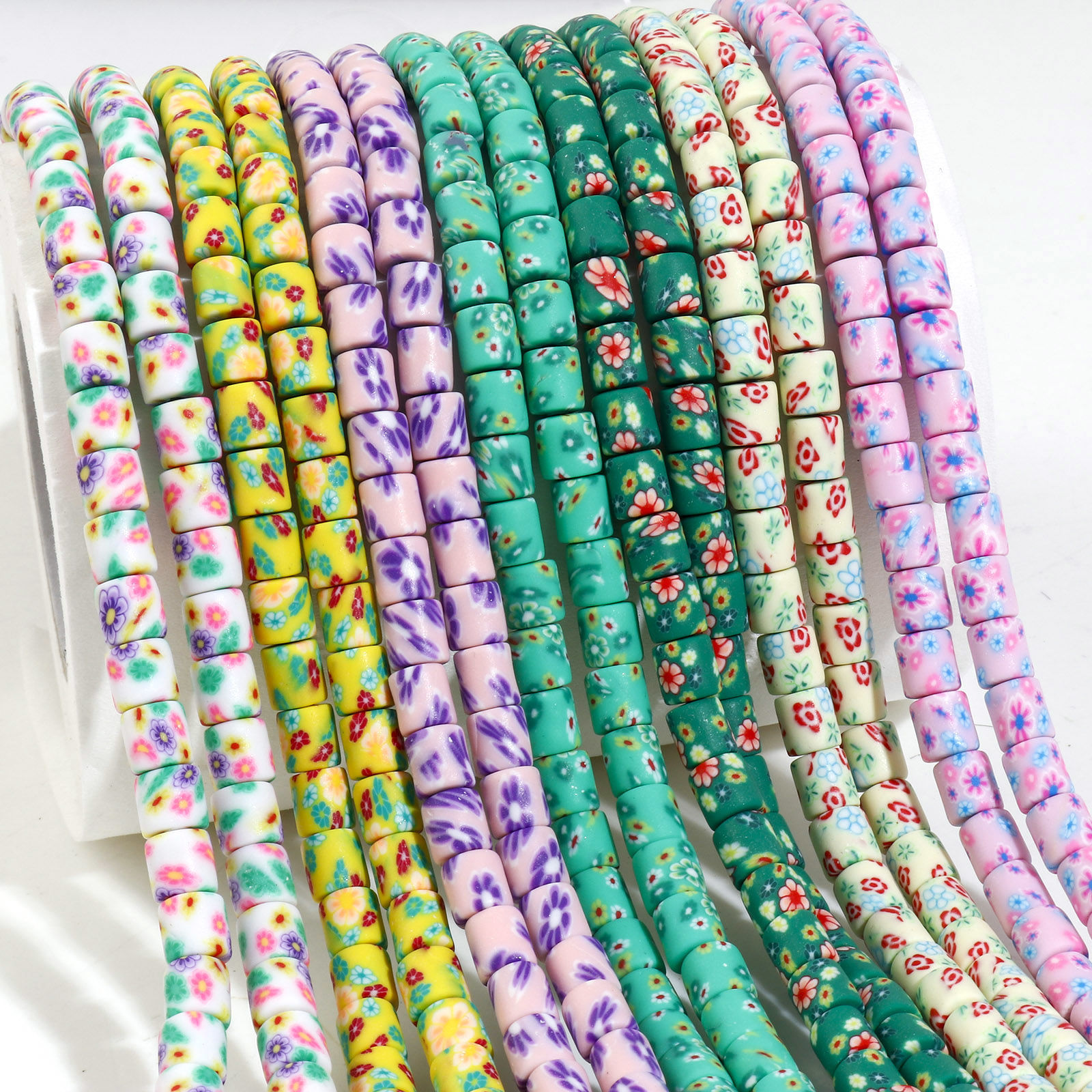 Picture of Polymer Clay Beads Cylinder Multicolor Flower Pattern About 6mm x 6mm