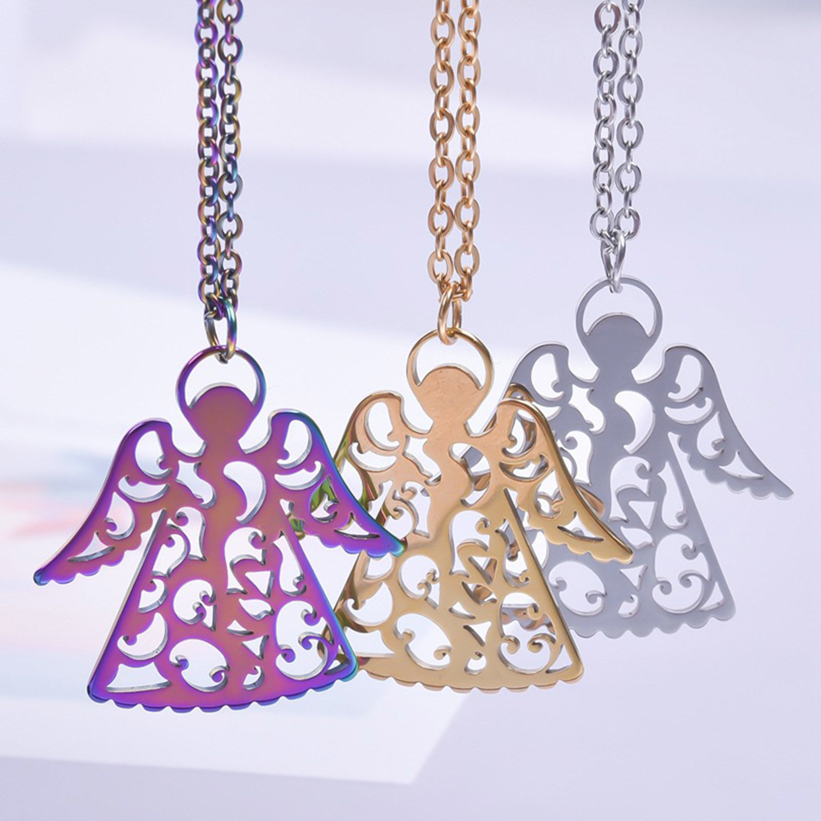 Picture of Stainless Steel Religious Pendants Multicolor Angel Filigree 3cm x 3cm