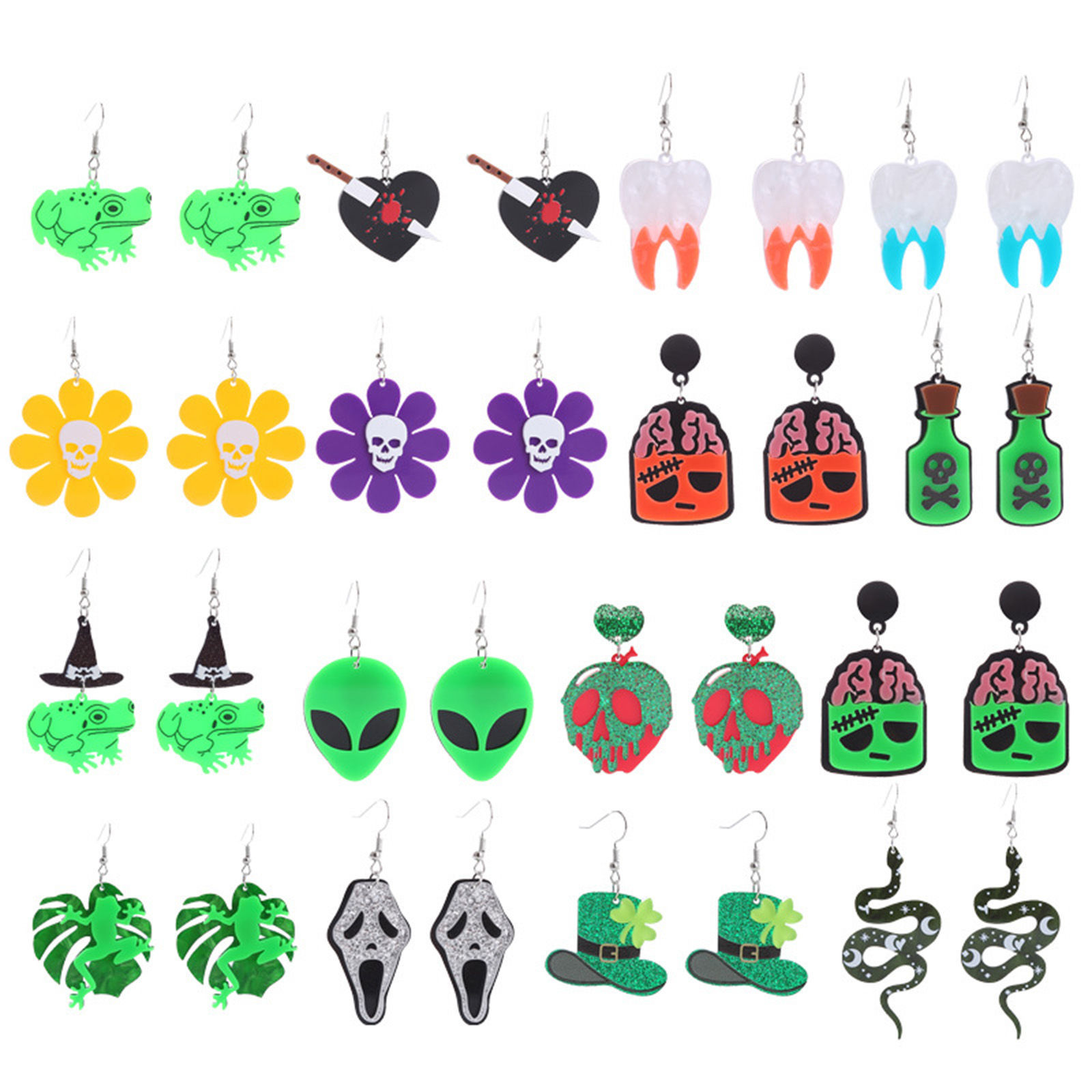 Imagen de Acrílico Halloween Pendientes Gancho Tono de Plata Multicolor Calavera Esqueleto de Halloween 1 Par