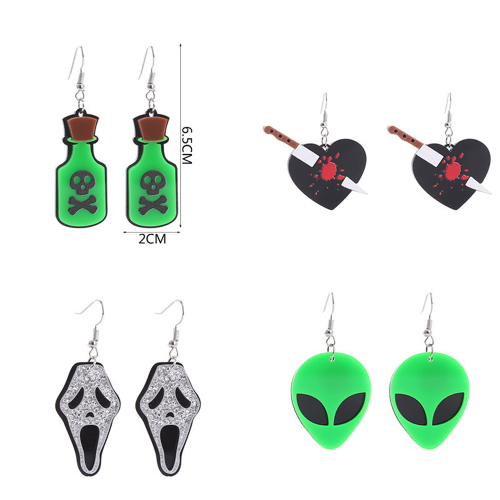 Imagen de Acrílico Halloween Pendientes Gancho Tono de Plata Multicolor Calavera Esqueleto de Halloween 1 Par