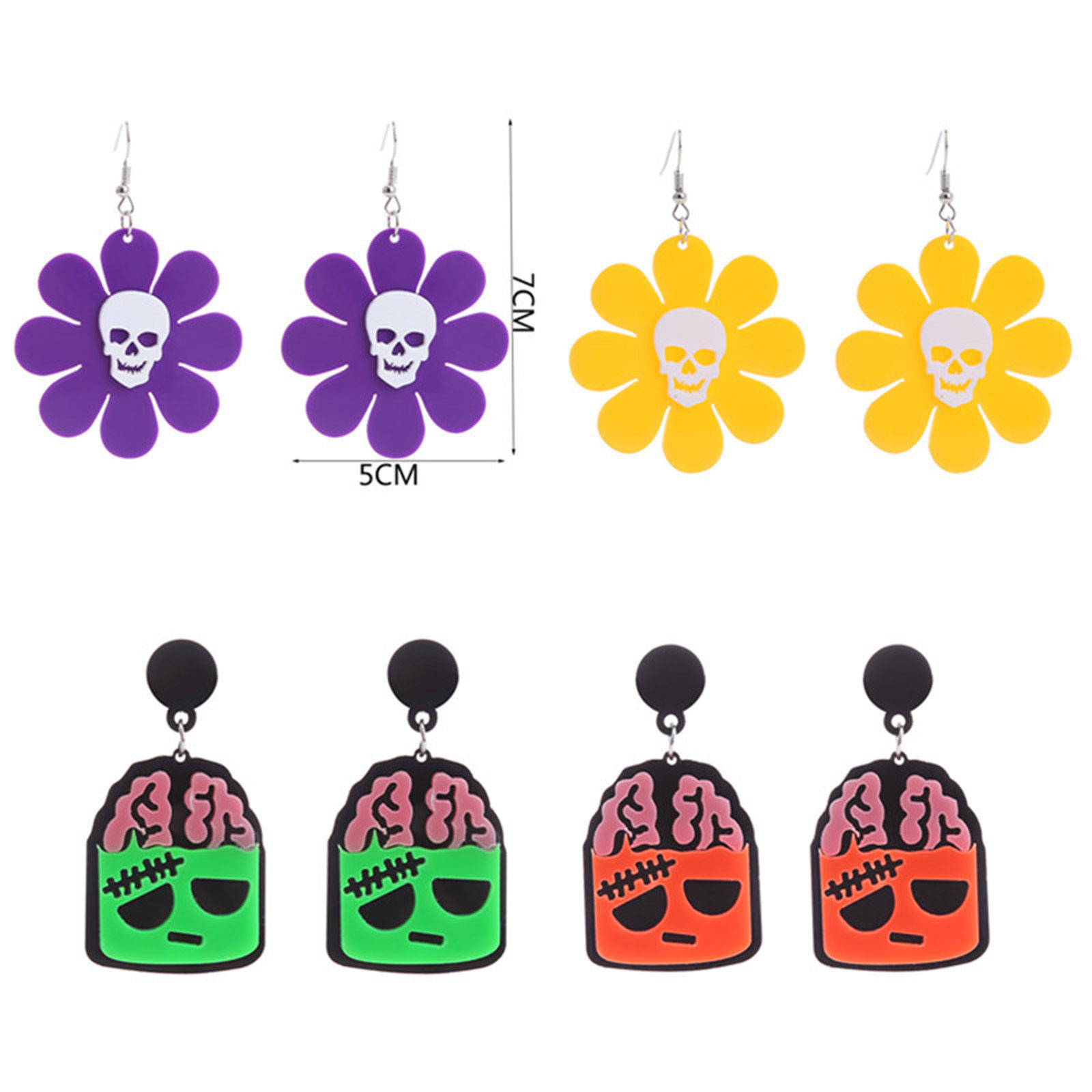 Imagen de Acrílico Halloween Pendientes Gancho Tono de Plata Multicolor Calavera Esqueleto de Halloween 1 Par