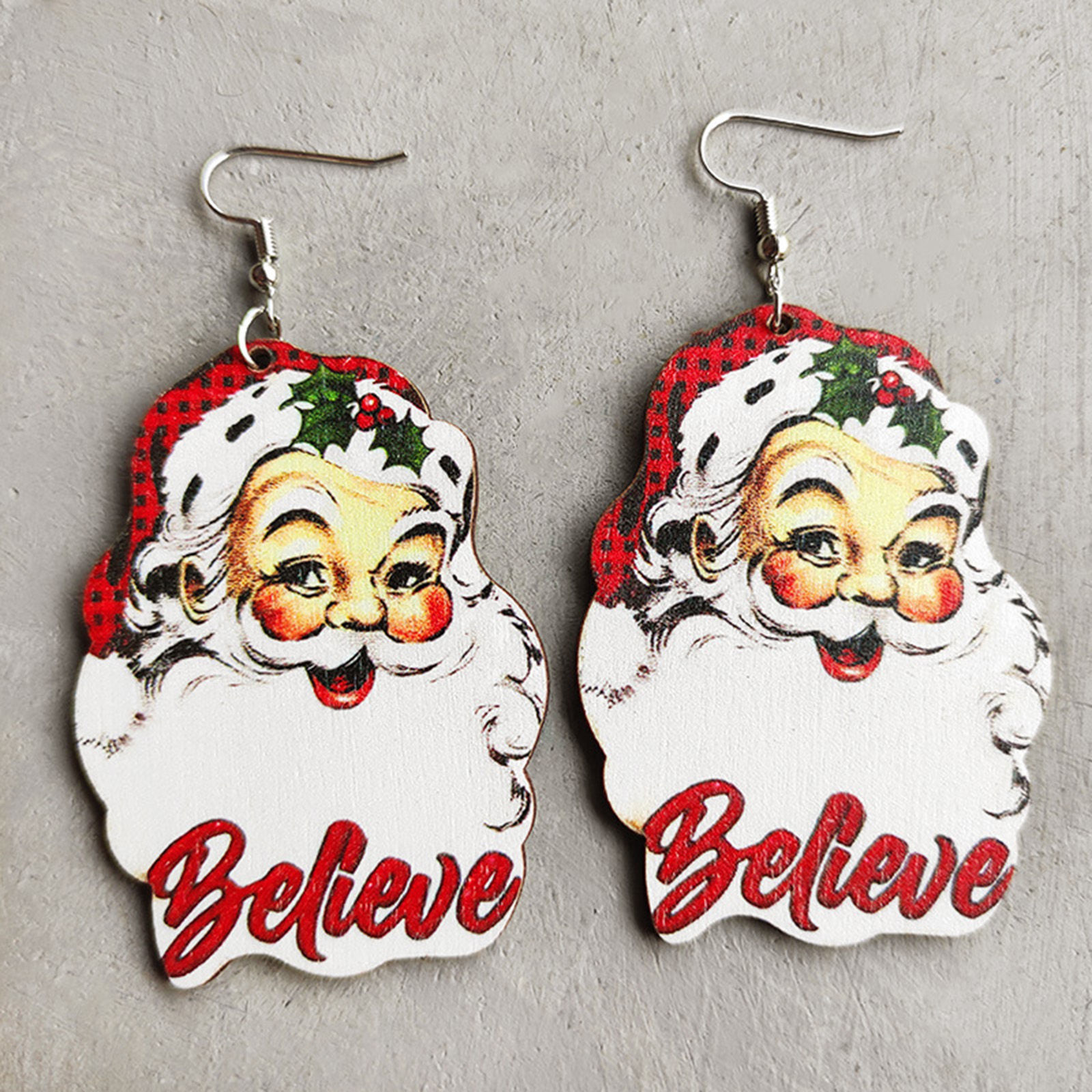 Picture of Wood Christmas Ear Wire Hook Earrings Silver Tone Multicolor