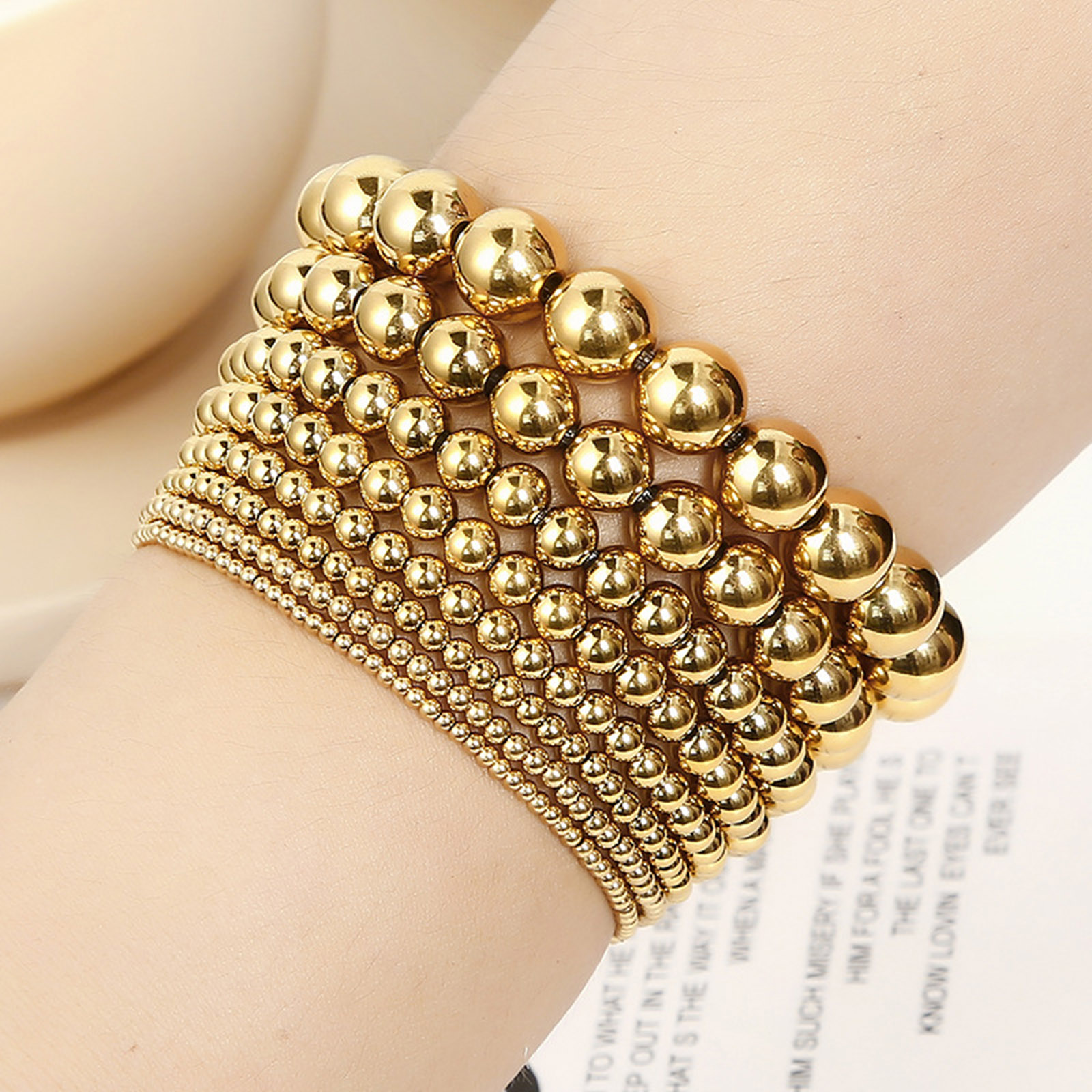 Picture of 304 Stainless Steel Stylish Dainty Bracelets Delicate Bracelets Beaded Bracelet Gold Plated Elastic 18cm(7 1/8") long