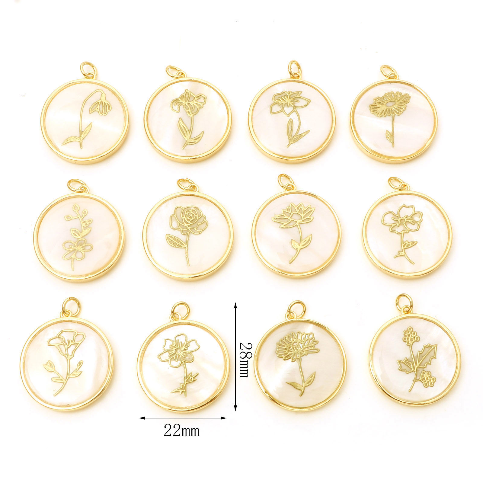 Picture of Natural Shell & Brass Birth Month Flower Charms Round Real Gold Plated White 28mm x 22mm