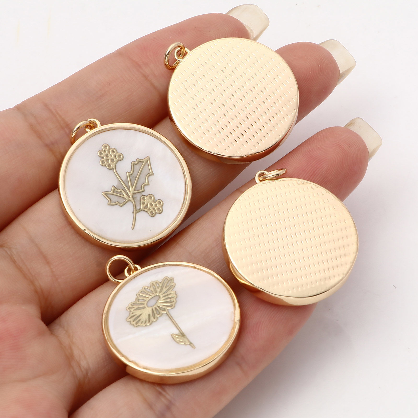 Picture of Natural Shell & Brass Birth Month Flower Charms Round Real Gold Plated White 28mm x 22mm