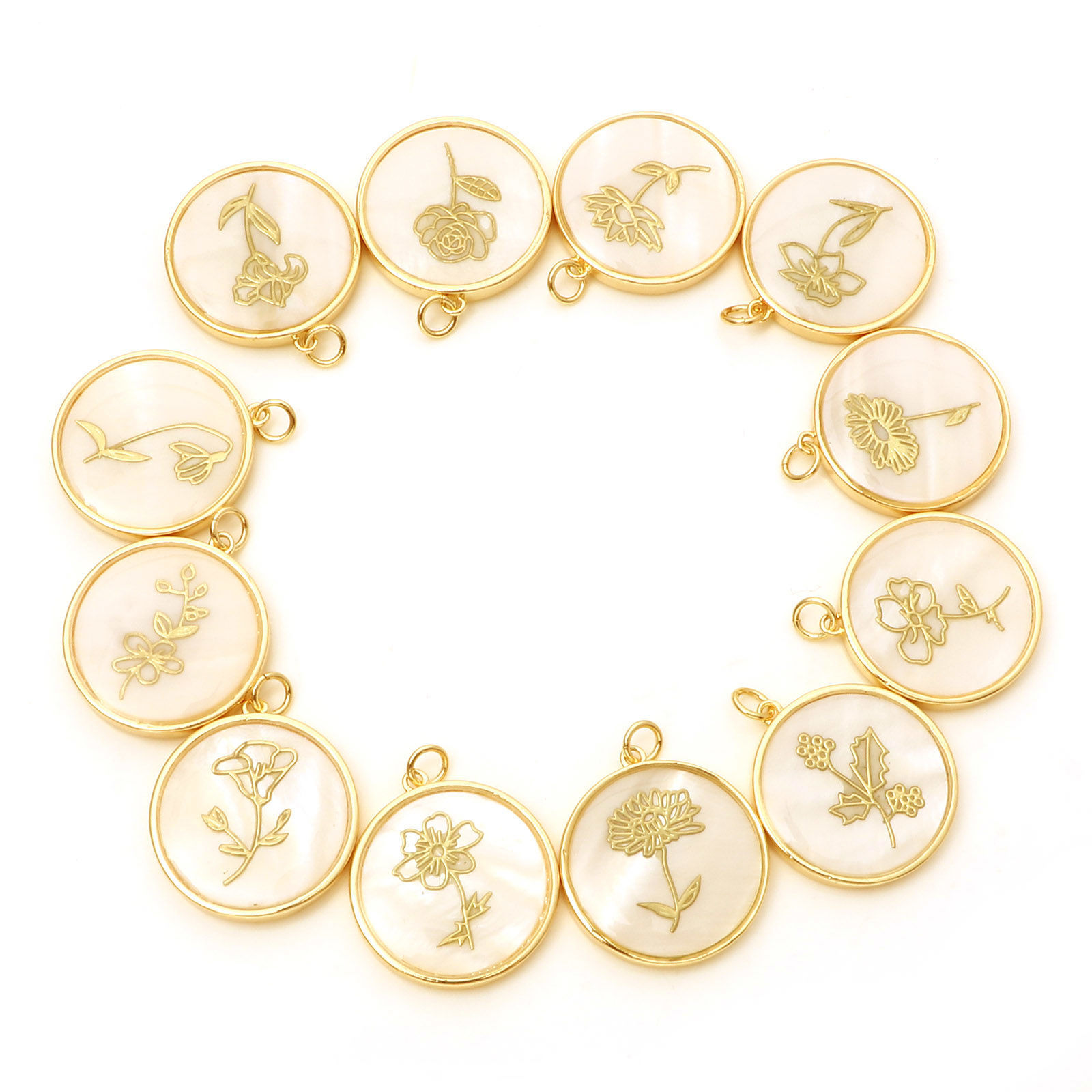Picture of Natural Shell & Brass Birth Month Flower Charms Round Real Gold Plated White 28mm x 22mm