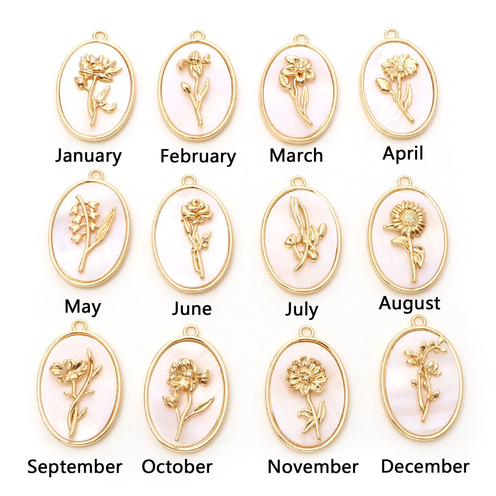 Picture of Natural Shell & Brass Birth Month Flower Charms Oval Real Gold Plated White 27mm x 18mm