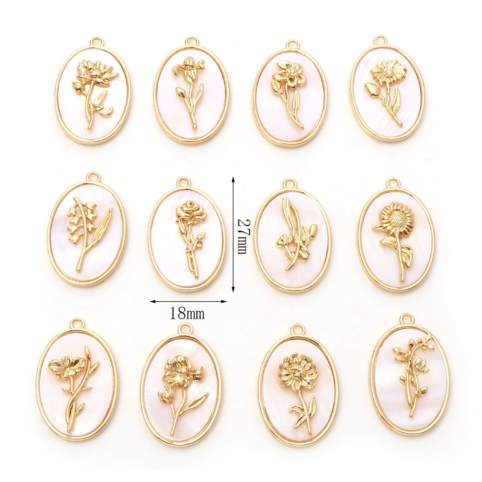 Picture of Natural Shell & Brass Birth Month Flower Charms Oval Real Gold Plated White 27mm x 18mm