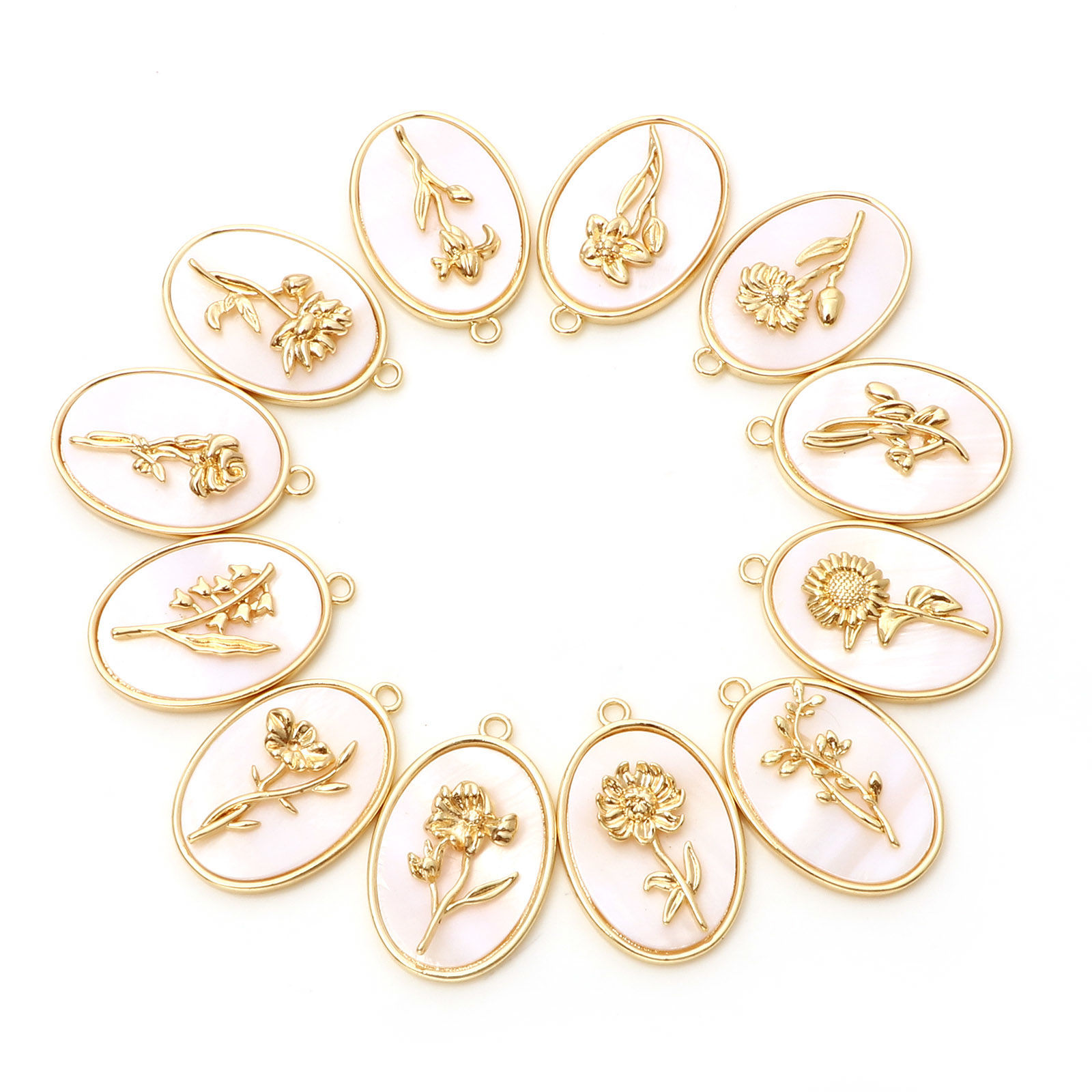 Picture of Natural Shell & Brass Birth Month Flower Charms Oval Real Gold Plated White 27mm x 18mm