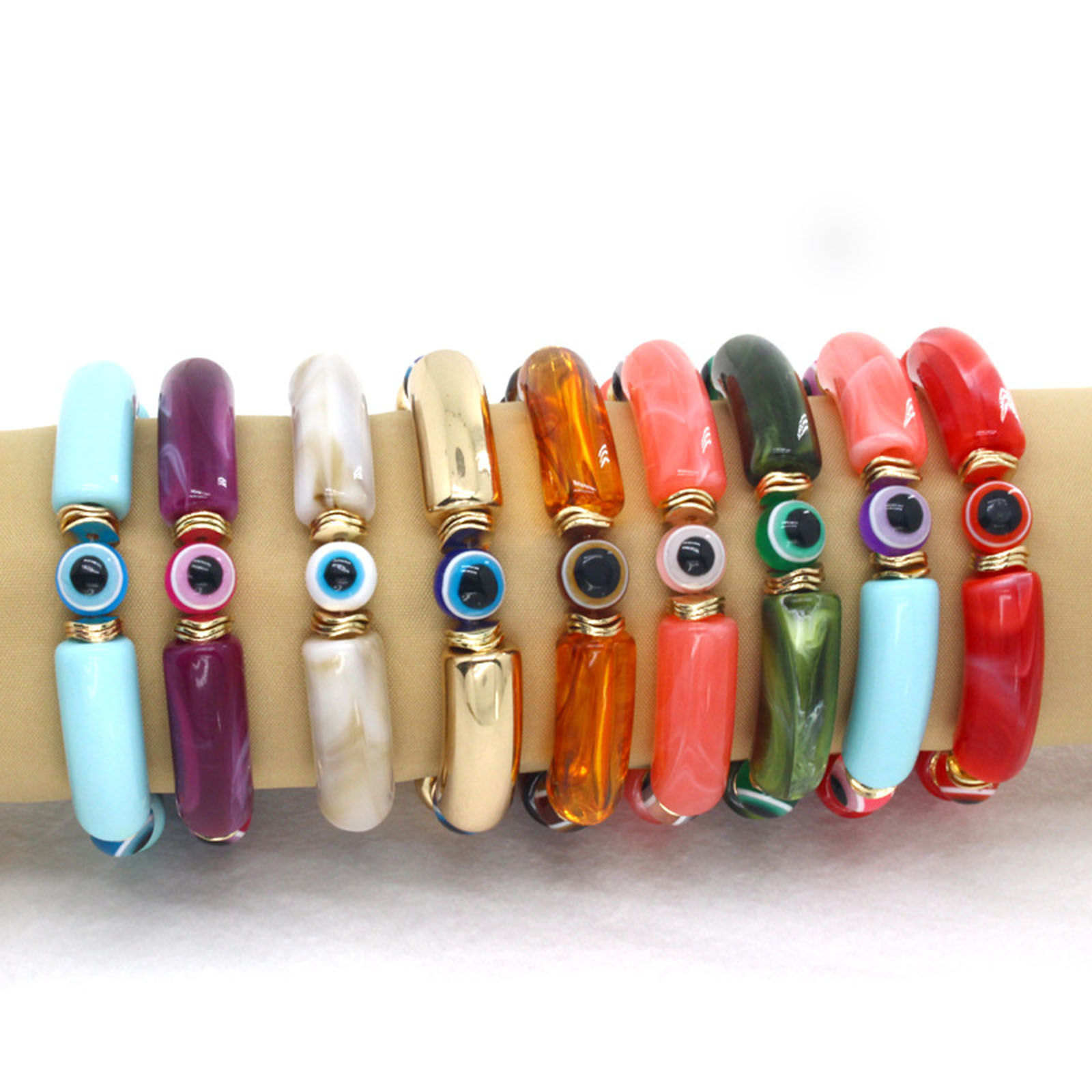 Picture of Resin Religious Dainty Bracelets Delicate Bracelets Beaded Bracelet Multicolor Curved Tube Evil Eye Elastic 7cm Dia
