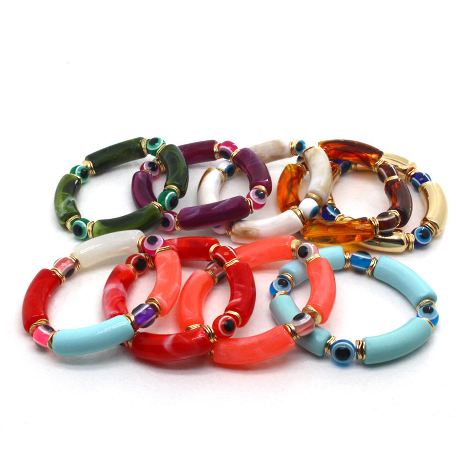 Picture of Resin Religious Dainty Bracelets Delicate Bracelets Beaded Bracelet Multicolor Curved Tube Evil Eye Elastic 7cm Dia