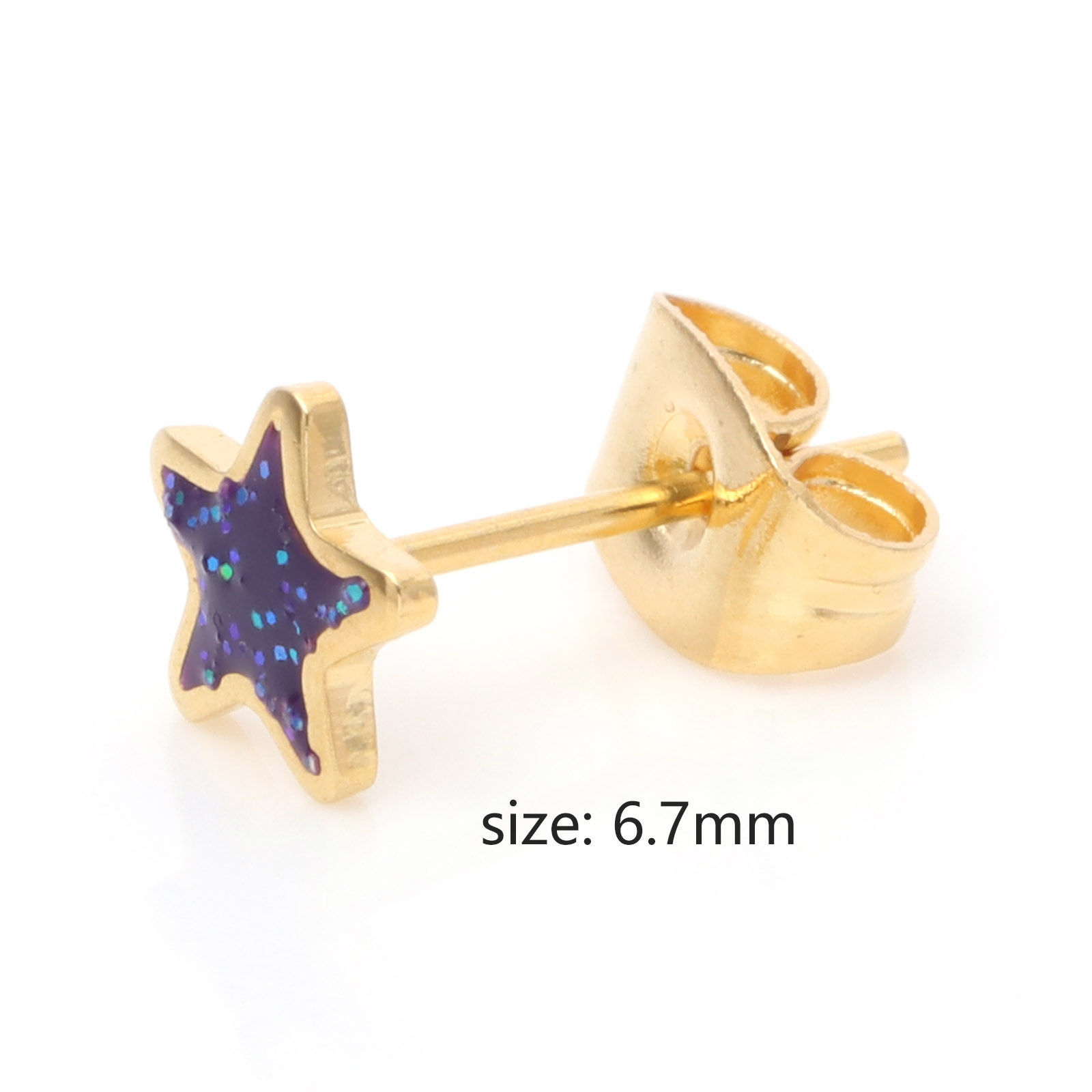 Picture of 316 Stainless Steel Stylish Ear Post Stud Earrings Gold Plated Multicolor Glitter Pentagram Star Enamel 6.7mm x 6.7mm