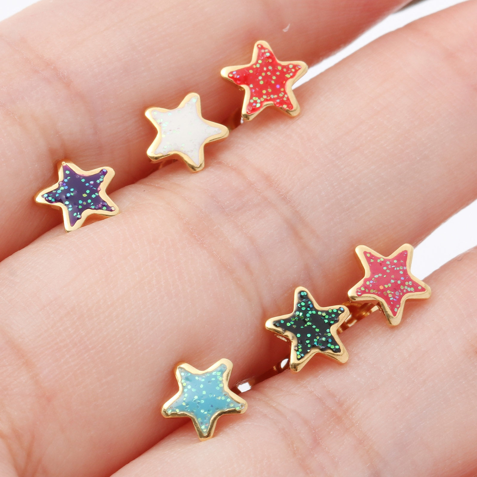 Picture of 316 Stainless Steel Stylish Ear Post Stud Earrings Gold Plated Multicolor Glitter Pentagram Star Enamel 6.7mm x 6.7mm