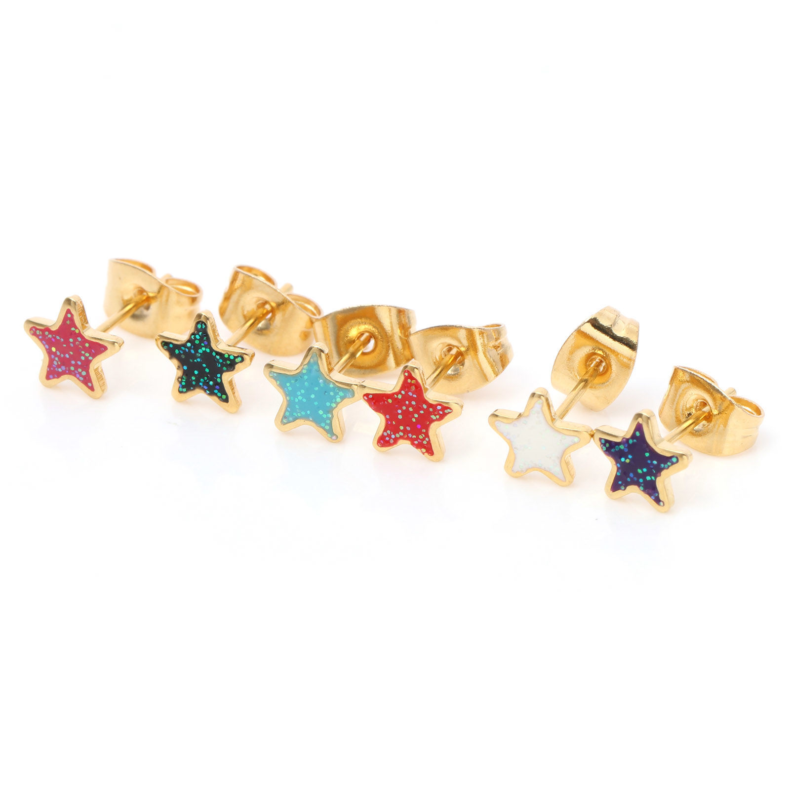 Picture of 316 Stainless Steel Stylish Ear Post Stud Earrings Gold Plated Multicolor Glitter Pentagram Star Enamel 6.7mm x 6.7mm