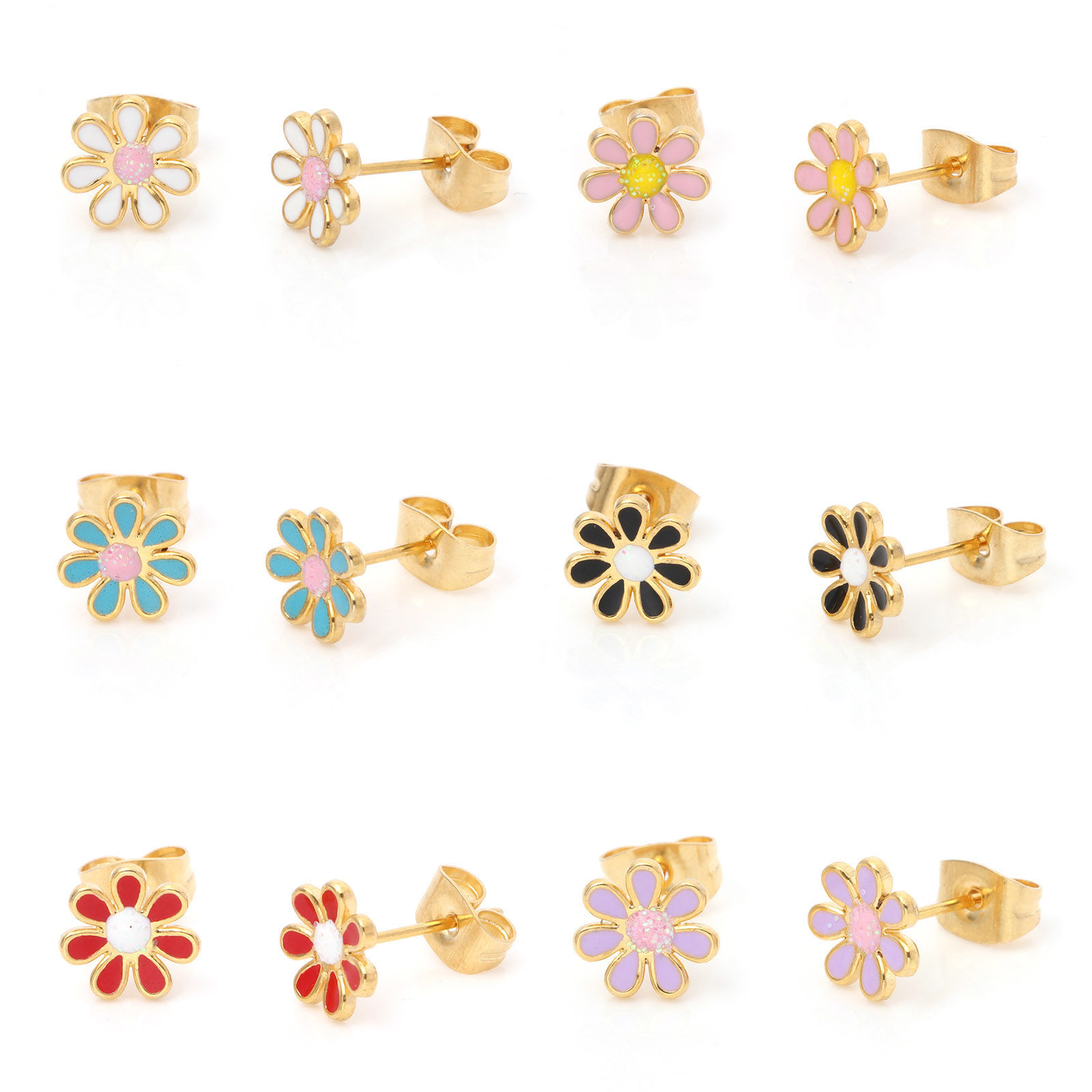 Image de Boucles d'Oreilles Puces en 316 Acier Inoxydable Élégant Doré Multicolore Paillette Fleur Émail 6mm Dia., Epaisseur de Fil: (21 gauge), 1 Paire