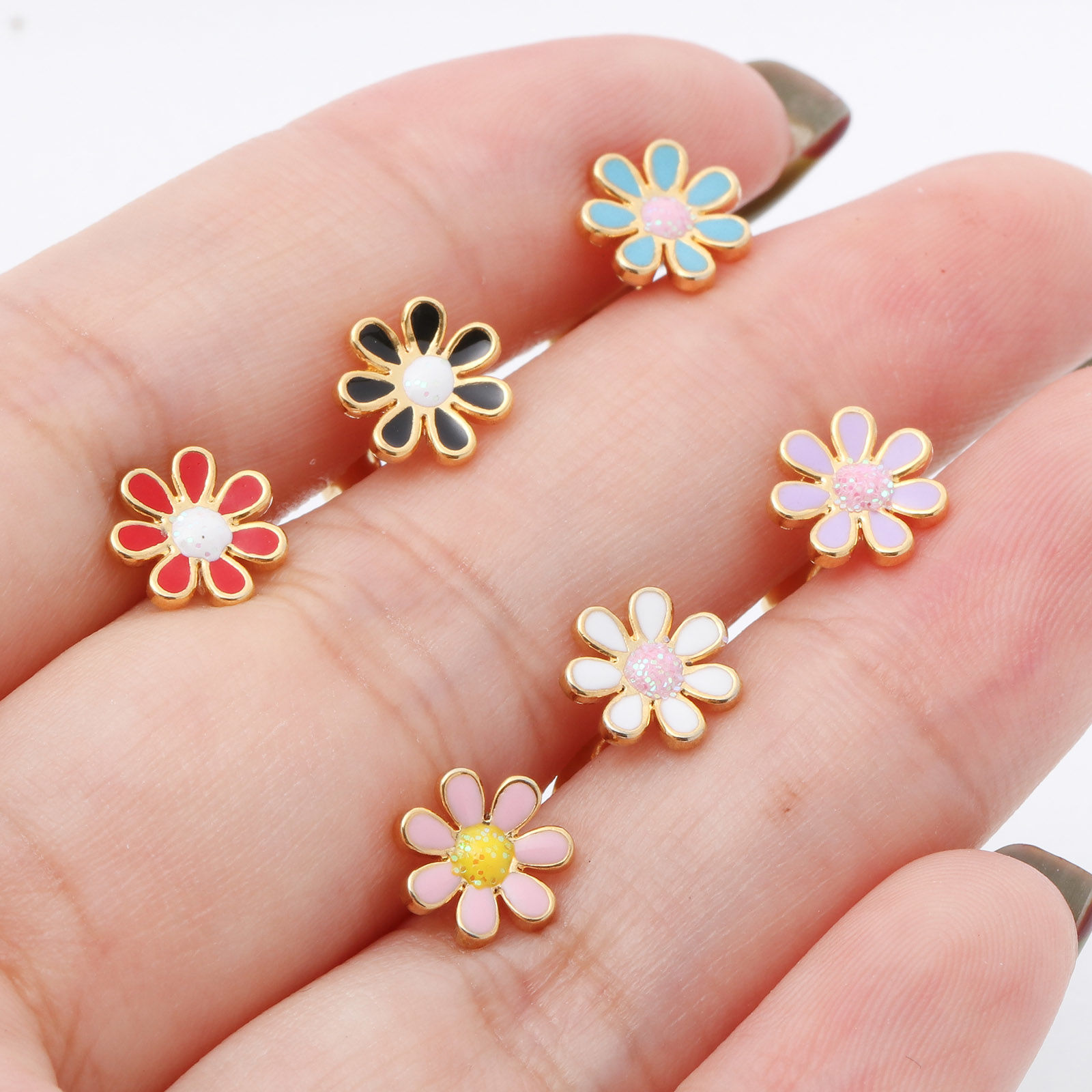 Image de Boucles d'Oreilles Puces en 316 Acier Inoxydable Élégant Doré Multicolore Paillette Fleur Émail 6mm Dia., Epaisseur de Fil: (21 gauge), 1 Paire