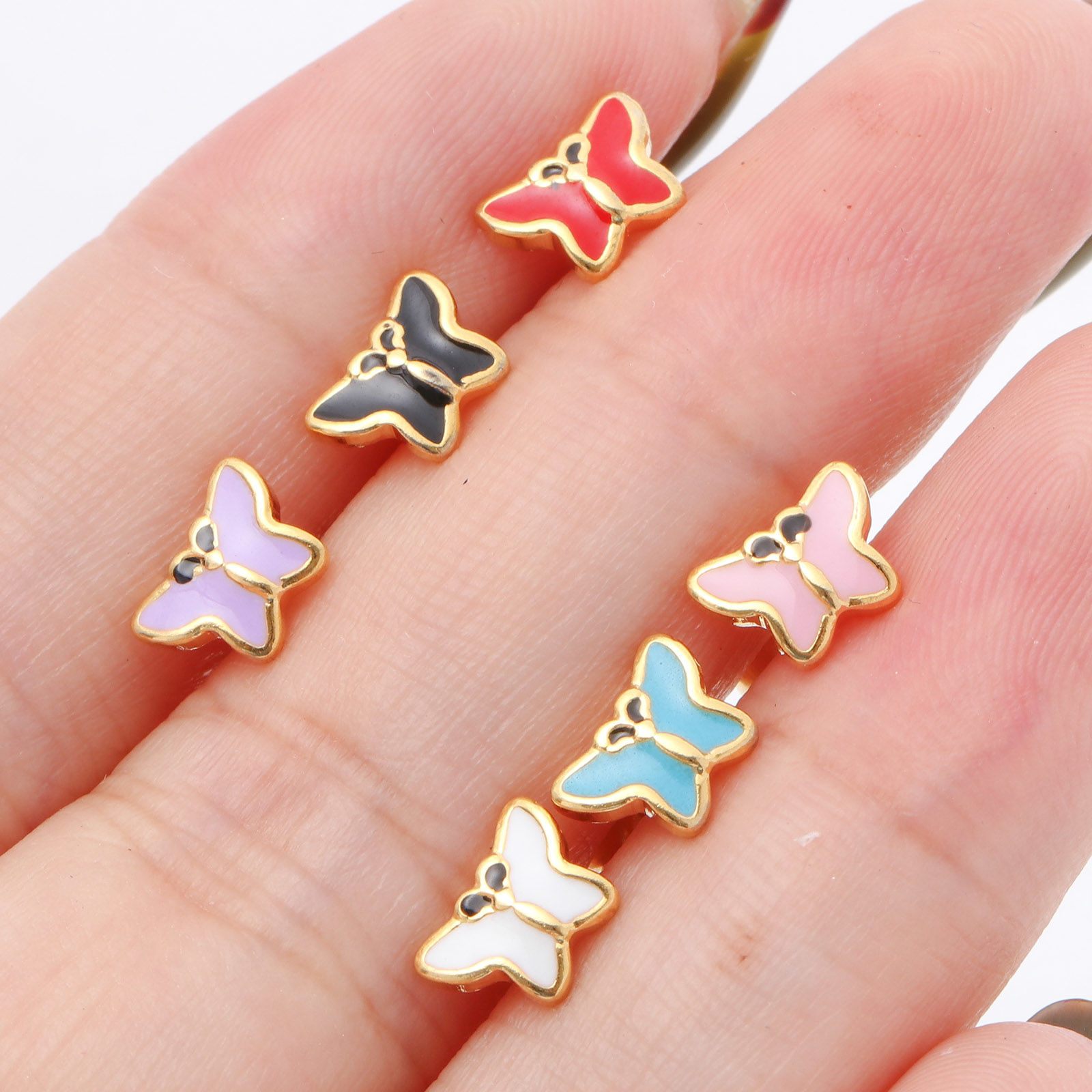 Picture of 316 Stainless Steel Insect Ear Post Stud Earrings Gold Plated Multicolor Butterfly Animal Enamel 7.4mm x 5.5mm