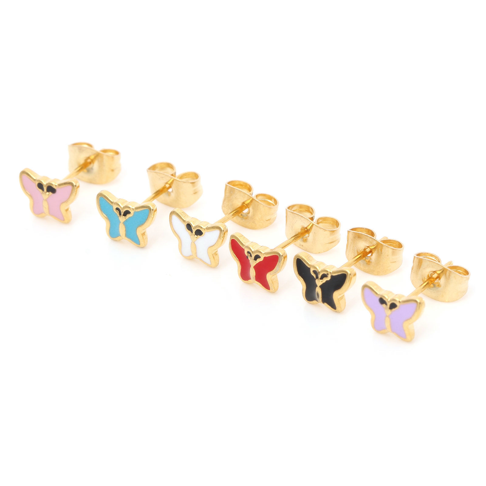 Picture of 316 Stainless Steel Insect Ear Post Stud Earrings Gold Plated Multicolor Butterfly Animal Enamel 7.4mm x 5.5mm