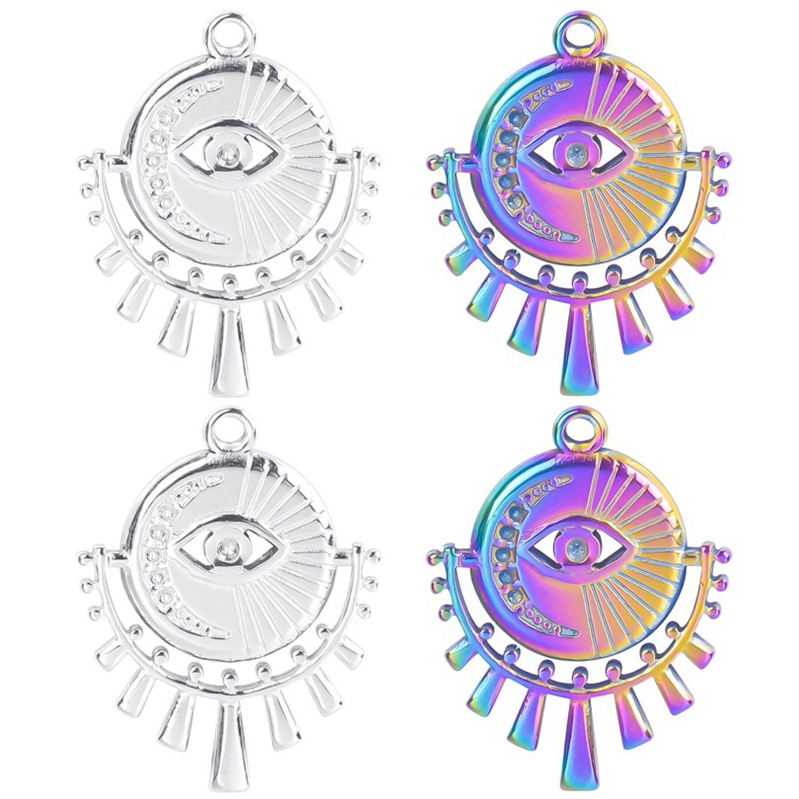 Picture of 304 Stainless Steel Religious Charms Multicolor Evil Eye Moon 25mm x 19mm
