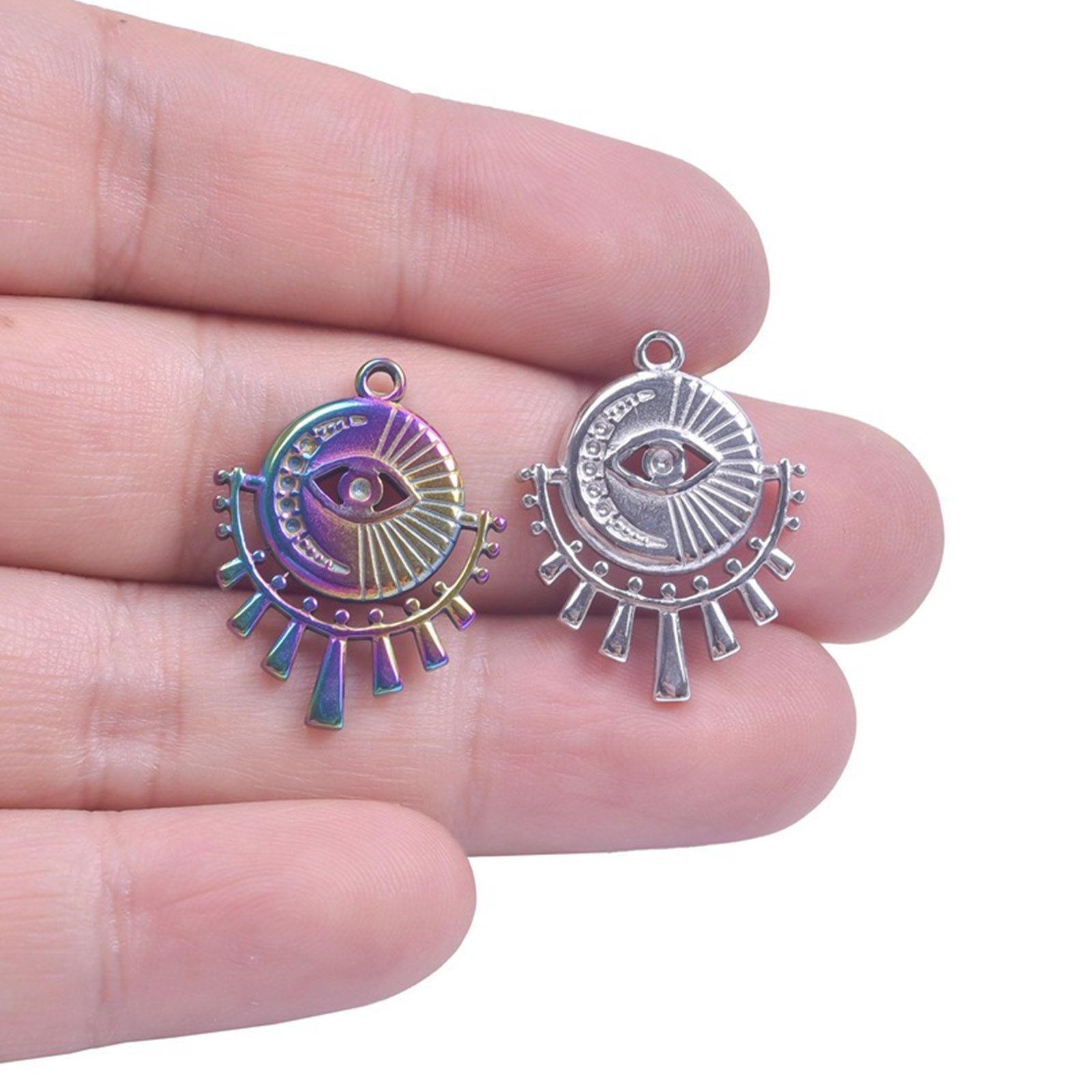 Picture of 304 Stainless Steel Religious Charms Multicolor Evil Eye Moon 25mm x 19mm