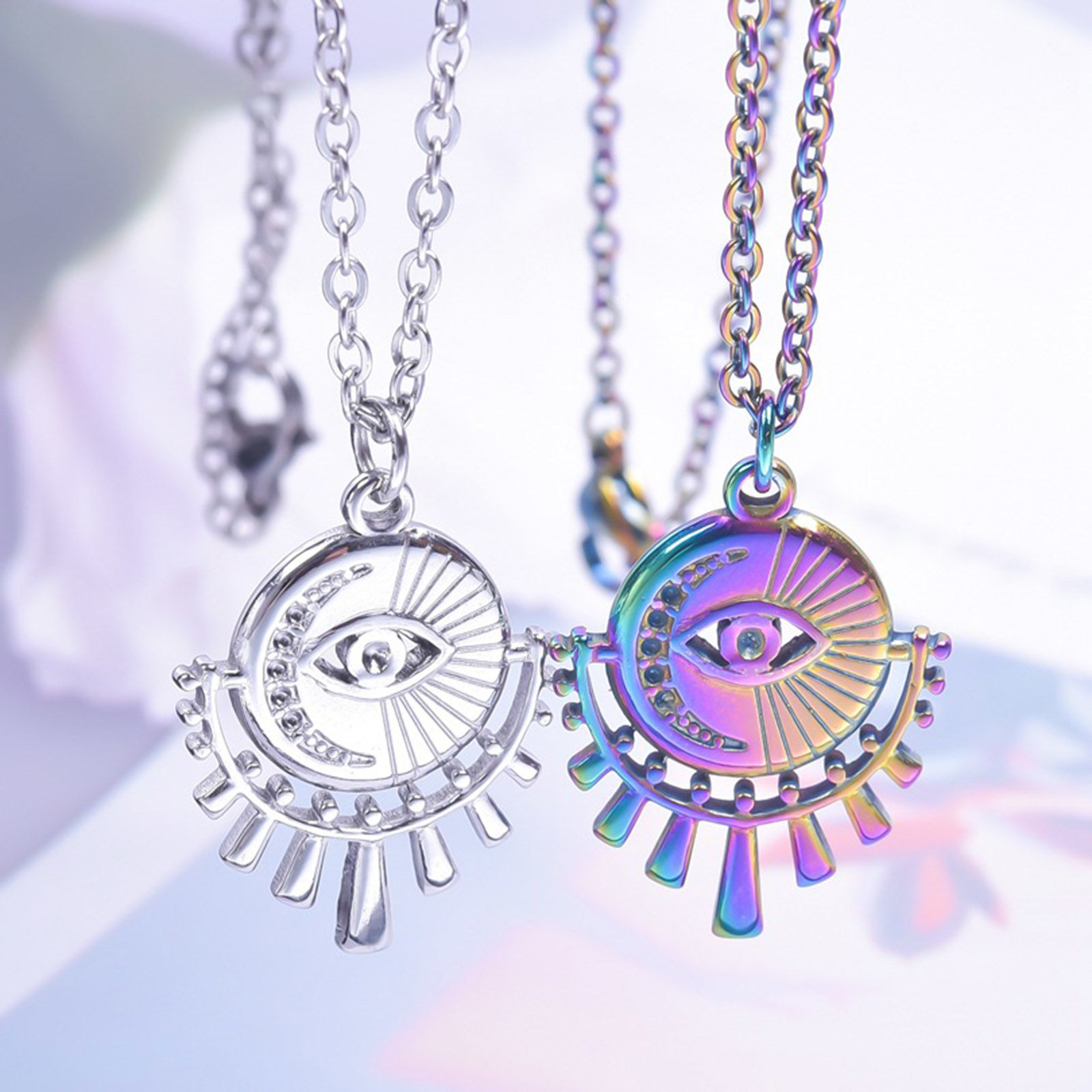 Picture of 304 Stainless Steel Religious Charms Multicolor Evil Eye Moon 25mm x 19mm