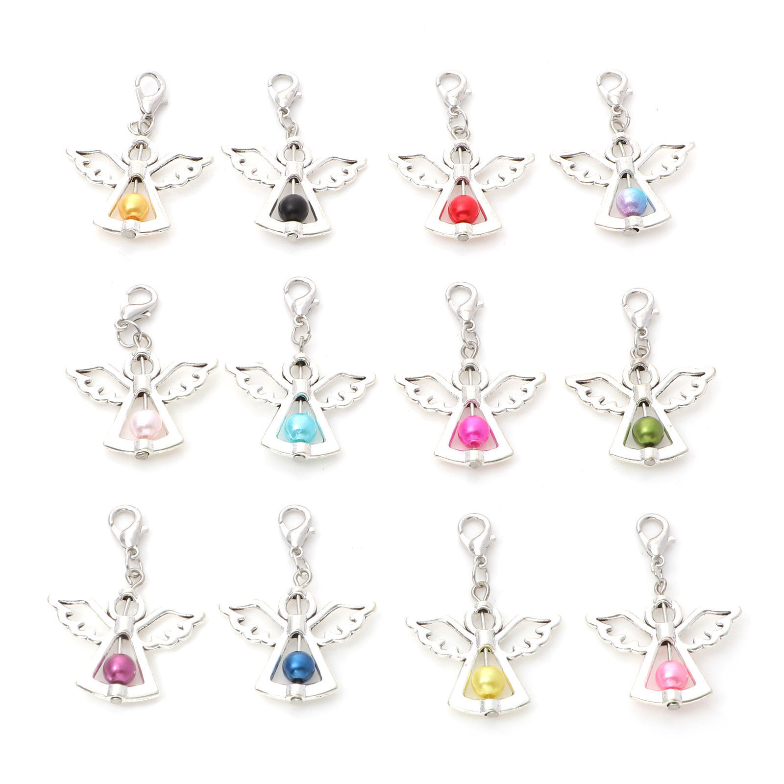 Picture of Zinc Based Alloy & Acrylic Guardian Angel Wing Clip On Charms For Vintage Charm Bracelets Antique Silver Color Multicolor Imitation Pearl 4cm x 2.8cm