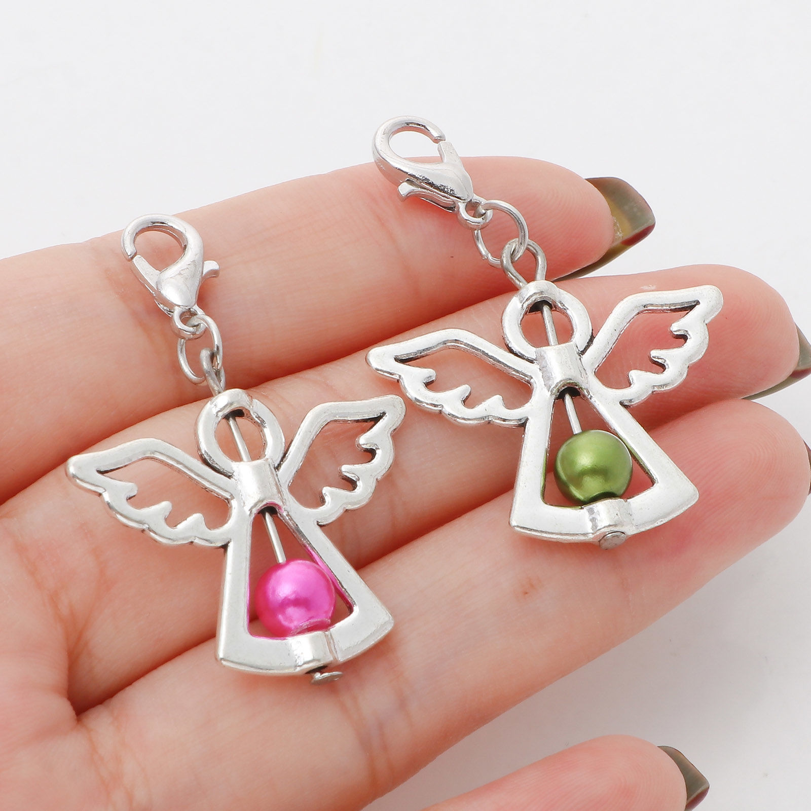 Picture of Zinc Based Alloy & Acrylic Guardian Angel Wing Clip On Charms For Vintage Charm Bracelets Antique Silver Color Multicolor Imitation Pearl 4cm x 2.8cm