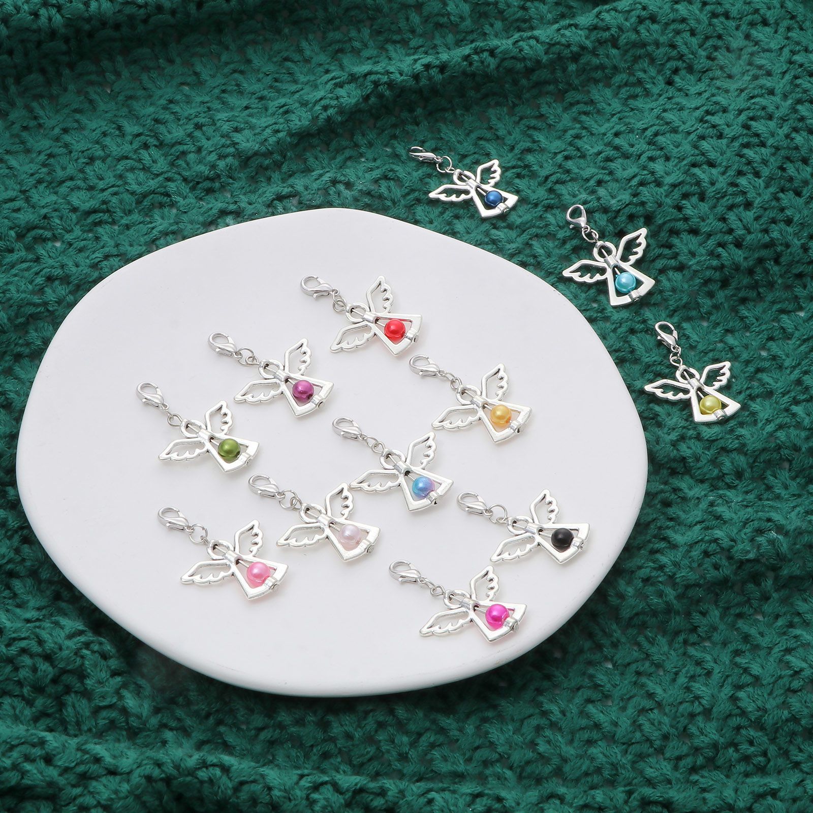 Picture of Zinc Based Alloy & Acrylic Guardian Angel Wing Clip On Charms For Vintage Charm Bracelets Antique Silver Color Multicolor Imitation Pearl 4cm x 2.8cm