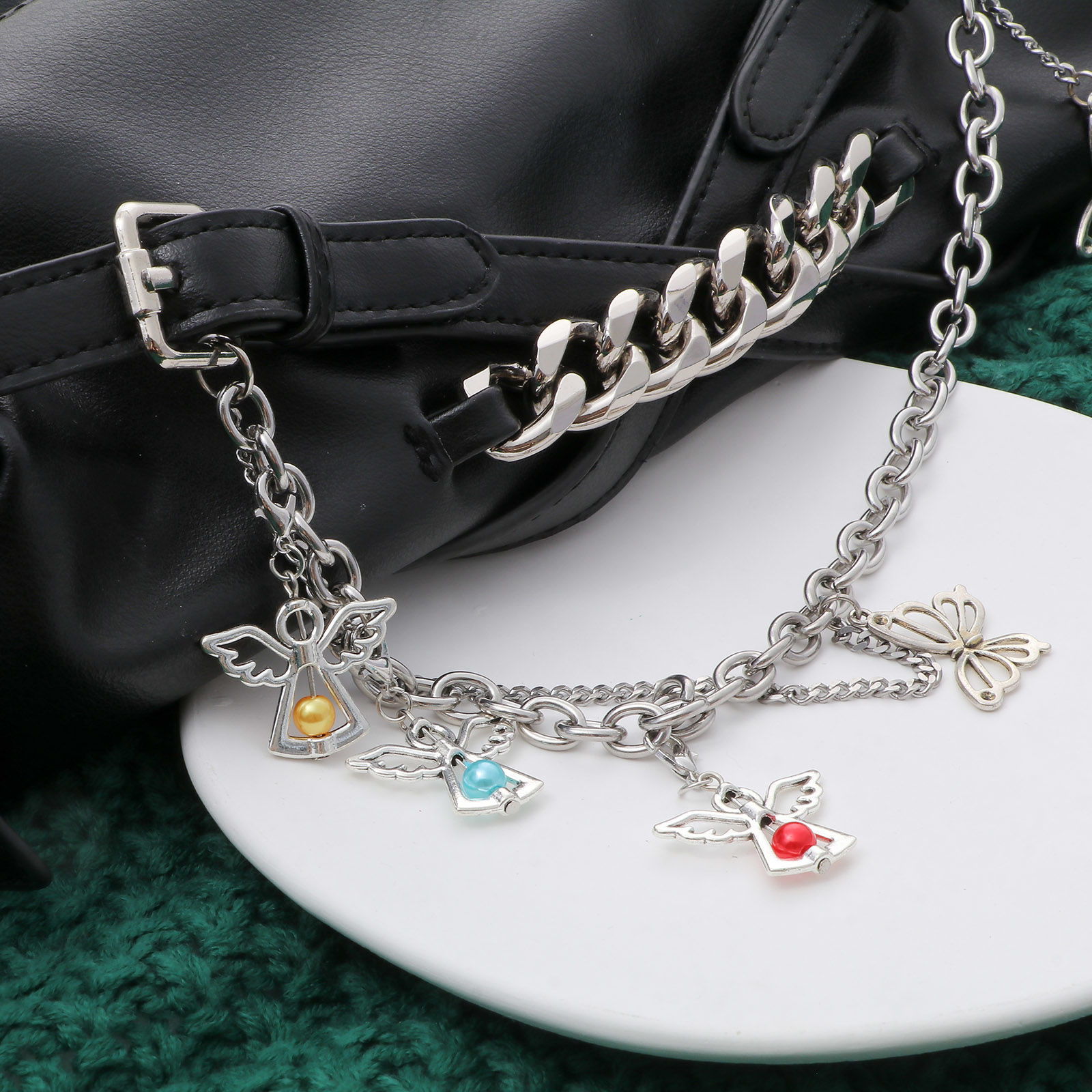 Picture of Zinc Based Alloy & Acrylic Guardian Angel Wing Clip On Charms For Vintage Charm Bracelets Antique Silver Color Multicolor Imitation Pearl 4cm x 2.8cm