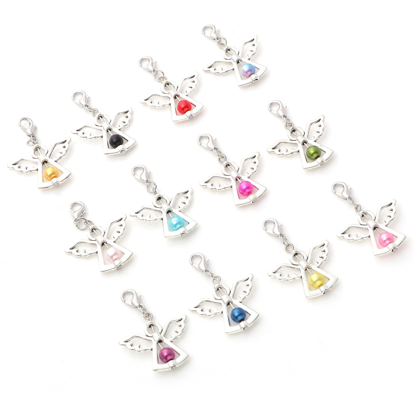 Picture of Zinc Based Alloy & Acrylic Guardian Angel Wing Clip On Charms For Vintage Charm Bracelets Antique Silver Color Multicolor Imitation Pearl 4cm x 2.8cm