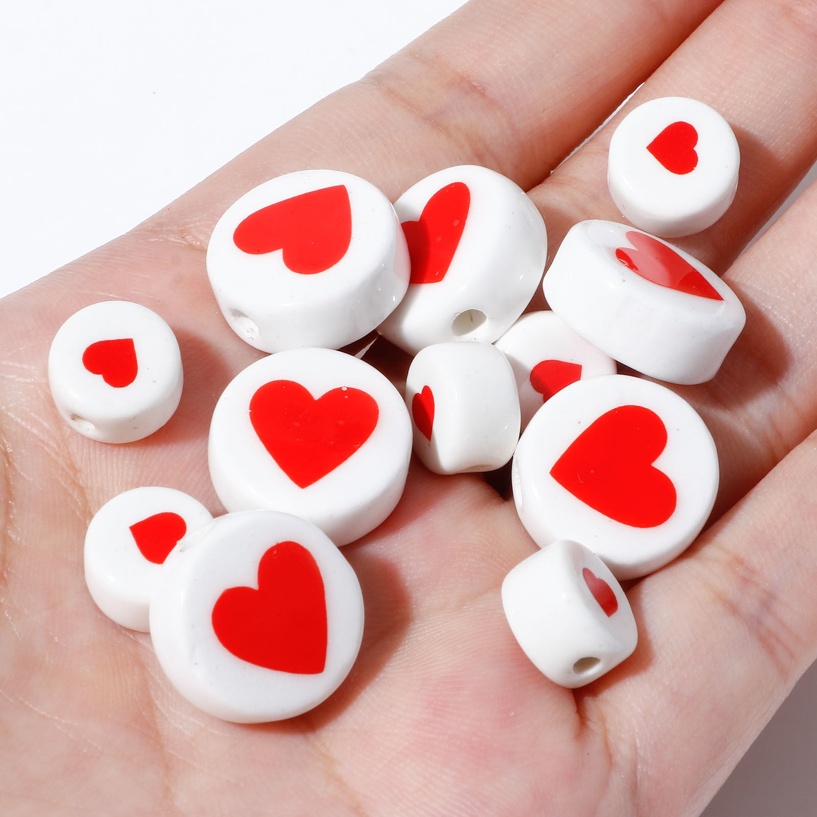 Picture of Ceramic Valentine's Day Beads Flat Round White Heart