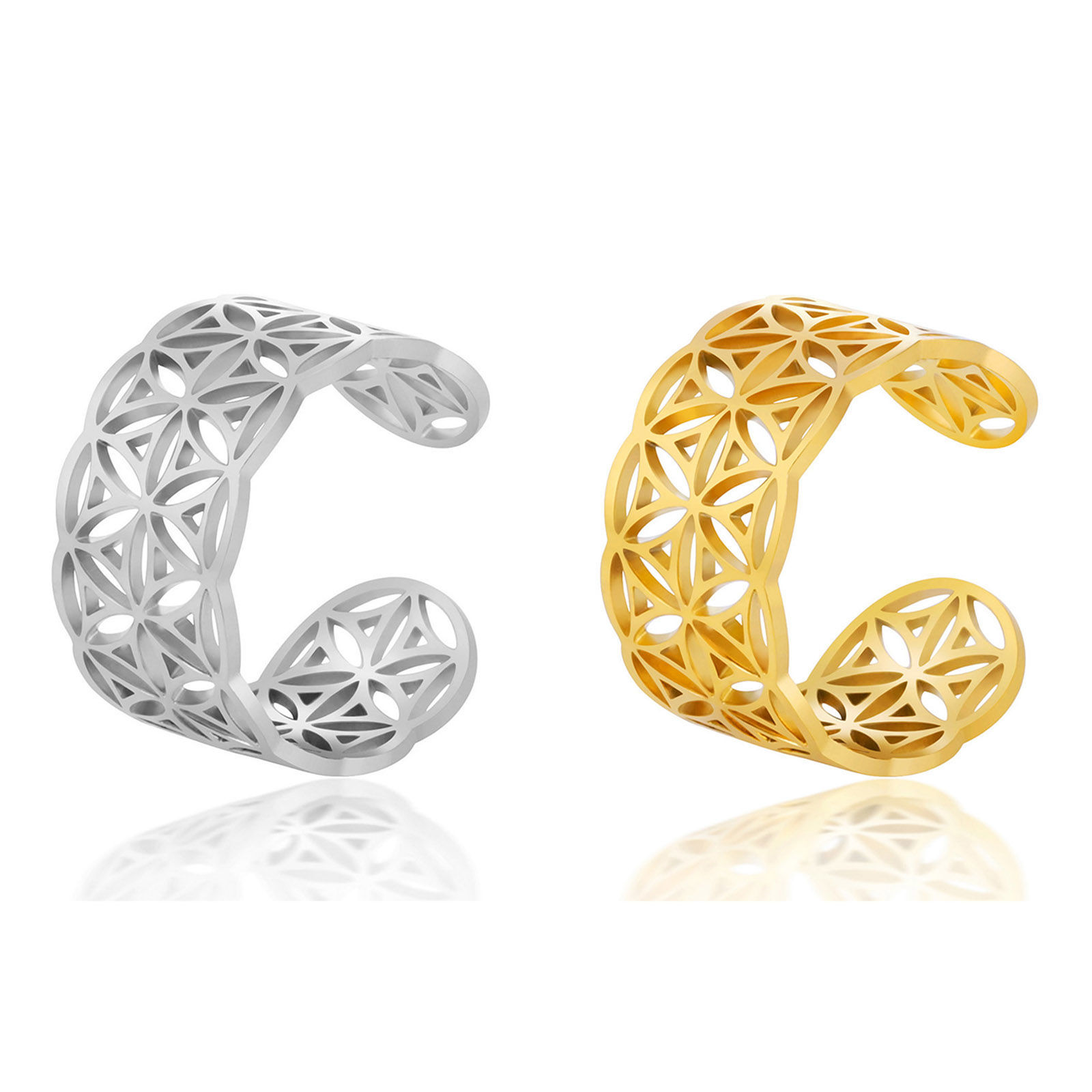Picture of 304 Stainless Steel Stylish Open Adjustable Rings Multicolor C Shape Flower Hollow 17.3mm(US Size 7)