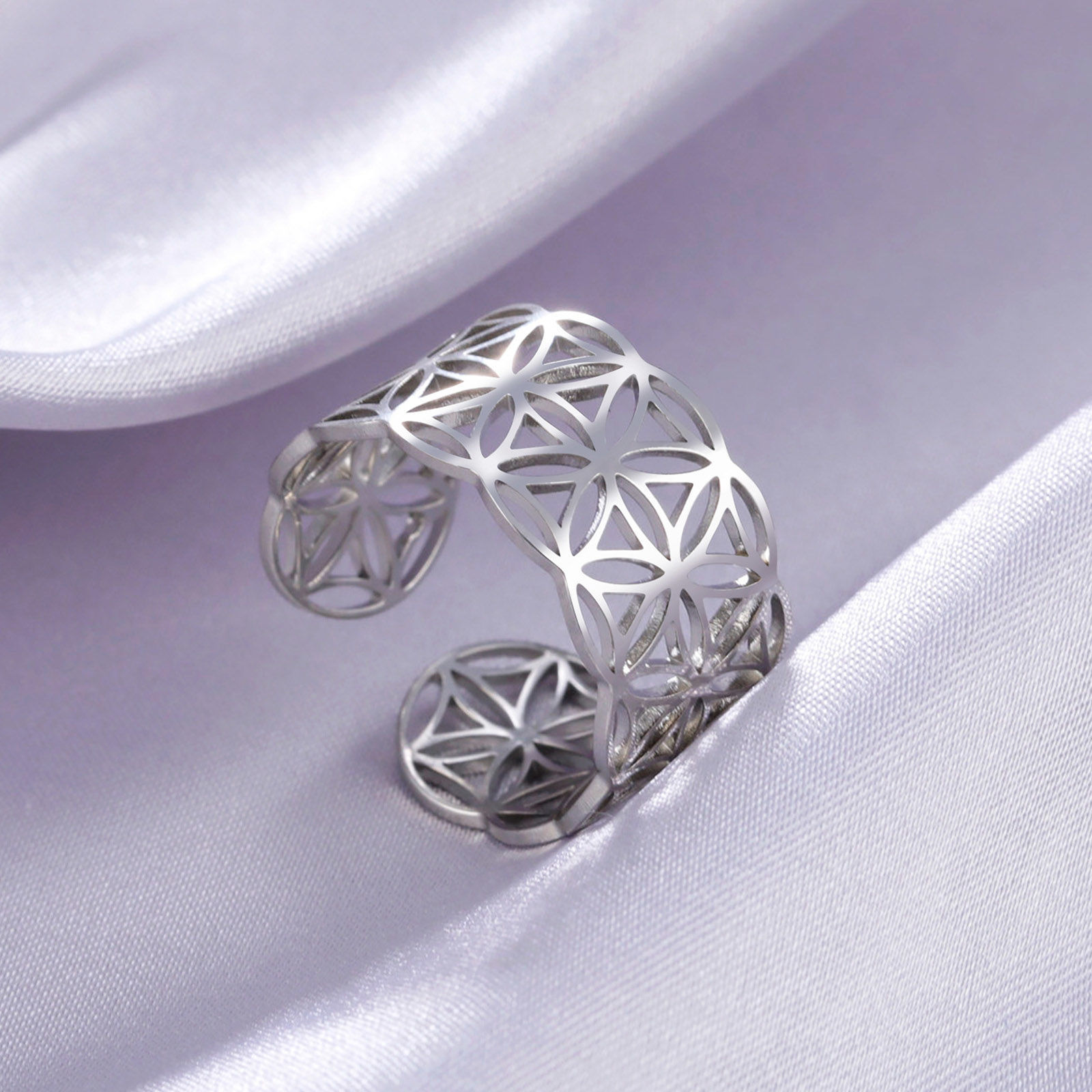 Picture of 304 Stainless Steel Stylish Open Adjustable Rings Multicolor C Shape Flower Hollow 17.3mm(US Size 7)