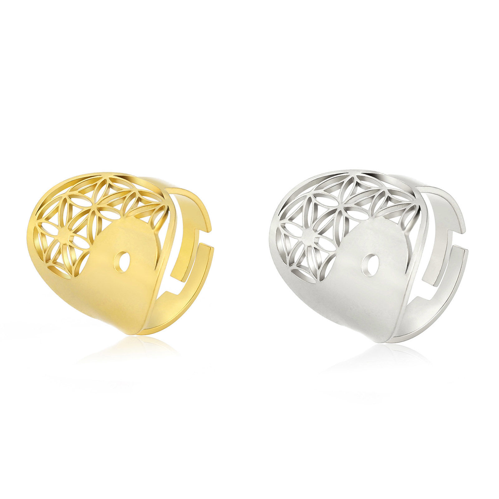 Picture of 304 Stainless Steel Religious Open Adjustable Rings Multicolor Flower Yin Yang Symbol Hollow 17.3mm(US Size 7)