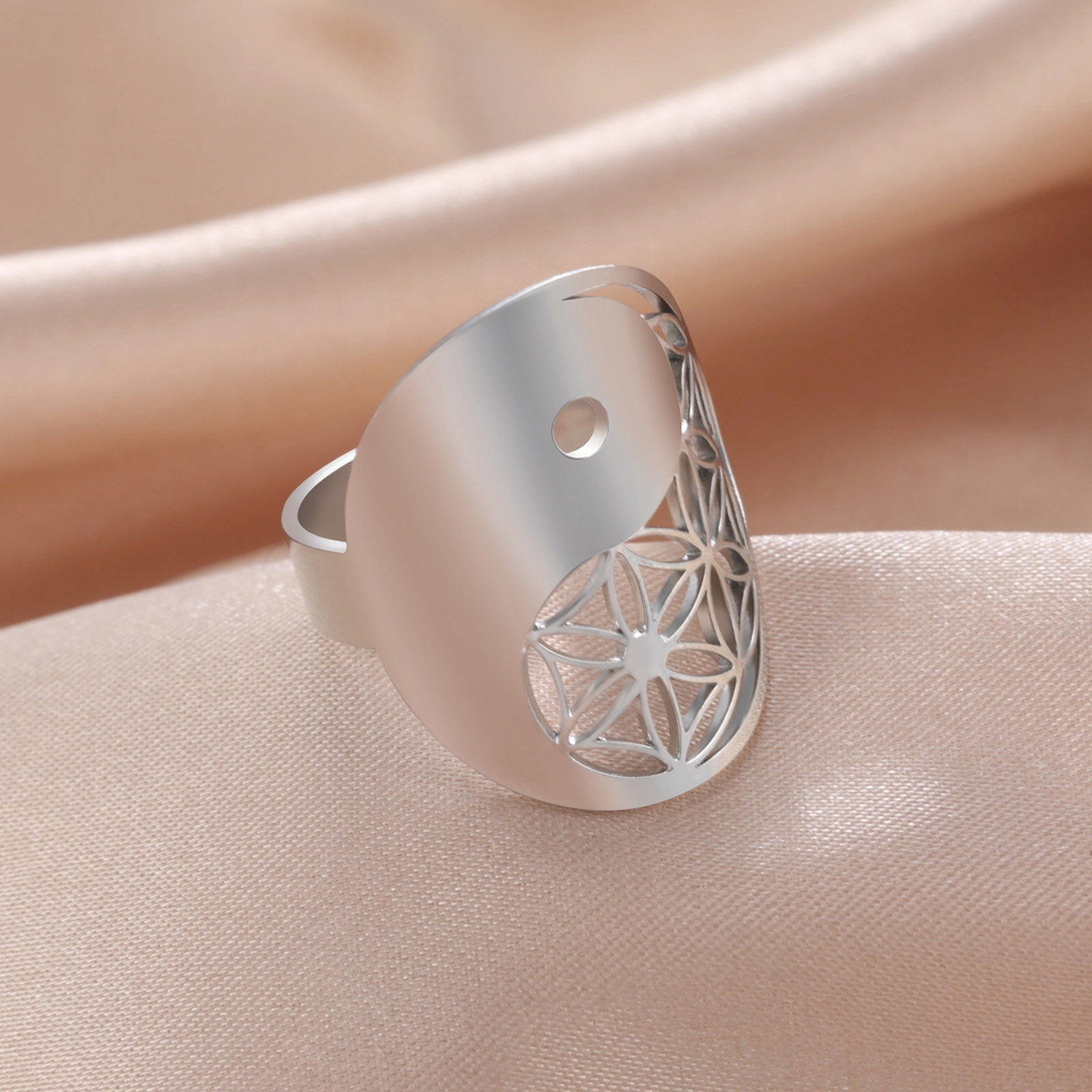 Picture of 304 Stainless Steel Religious Open Adjustable Rings Multicolor Flower Yin Yang Symbol Hollow 17.3mm(US Size 7)
