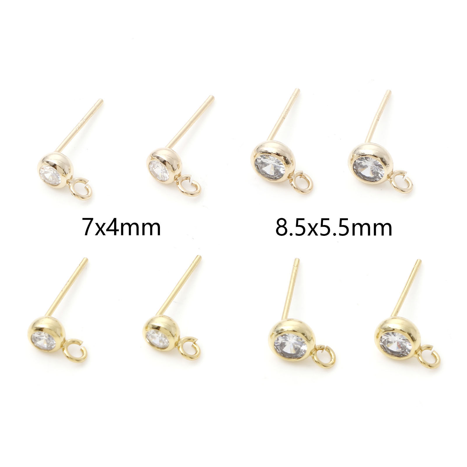 Picture of Brass Ear Post Stud Earrings Real Gold Plated Round With Loop Clear Cubic Zirconia 7mm x 4mm