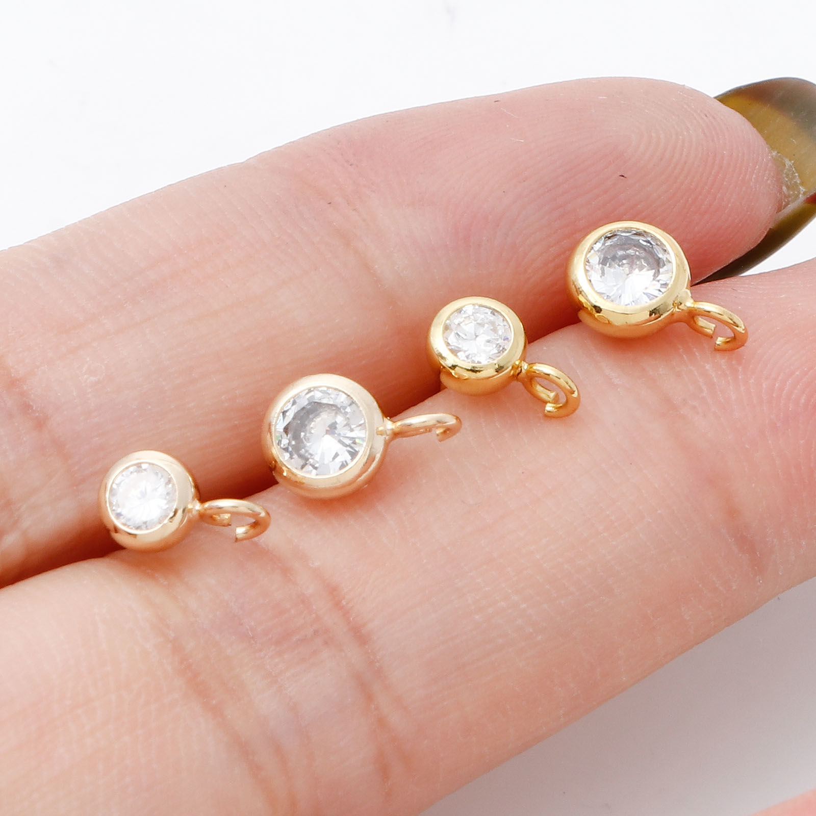 Picture of Brass Ear Post Stud Earrings Real Gold Plated Round With Loop Clear Cubic Zirconia 7mm x 4mm