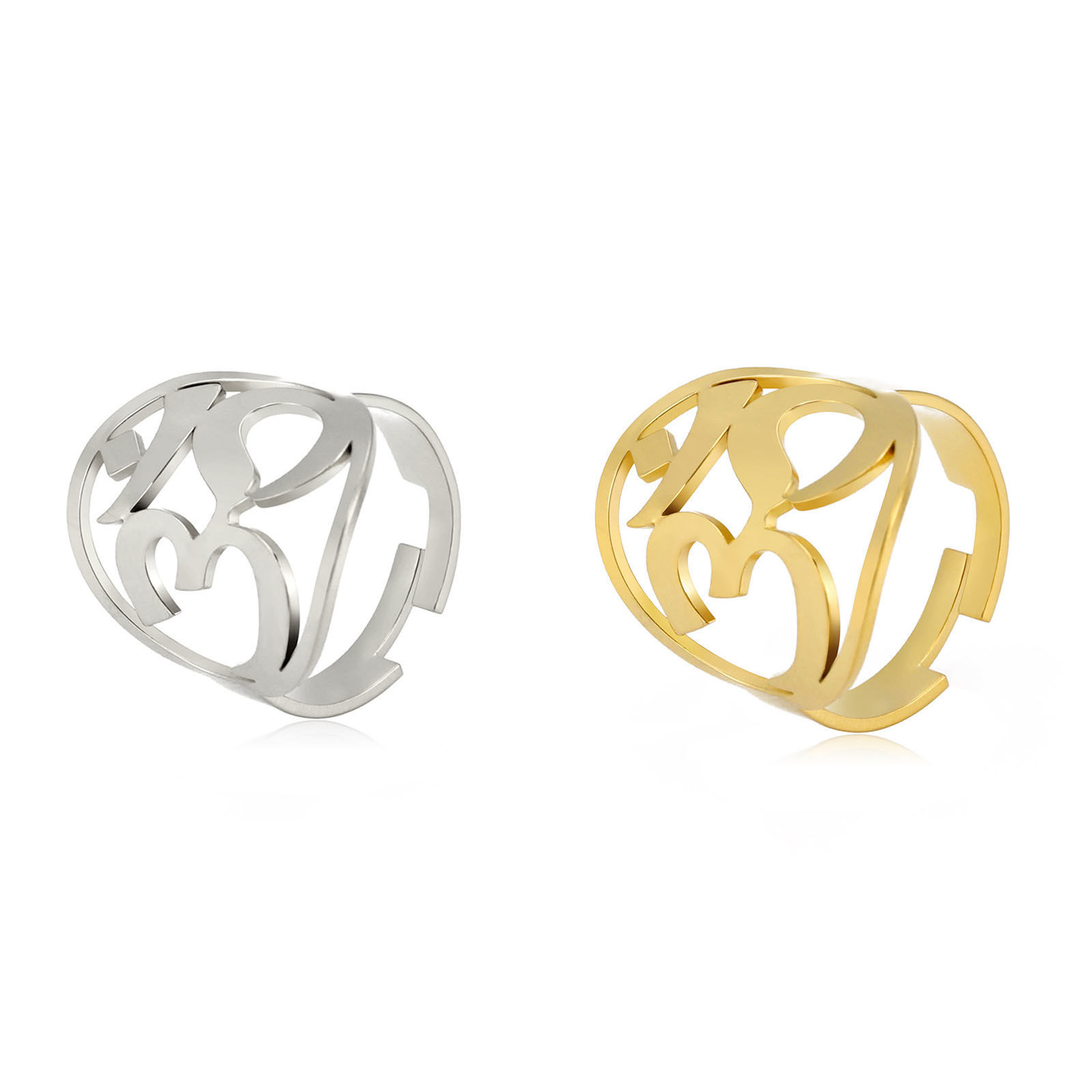 Picture of 304 Stainless Steel Religious Open Rings Multicolor Stamp Seal OM/ Aum Symbol Hollow 17.3mm(US Size 7)