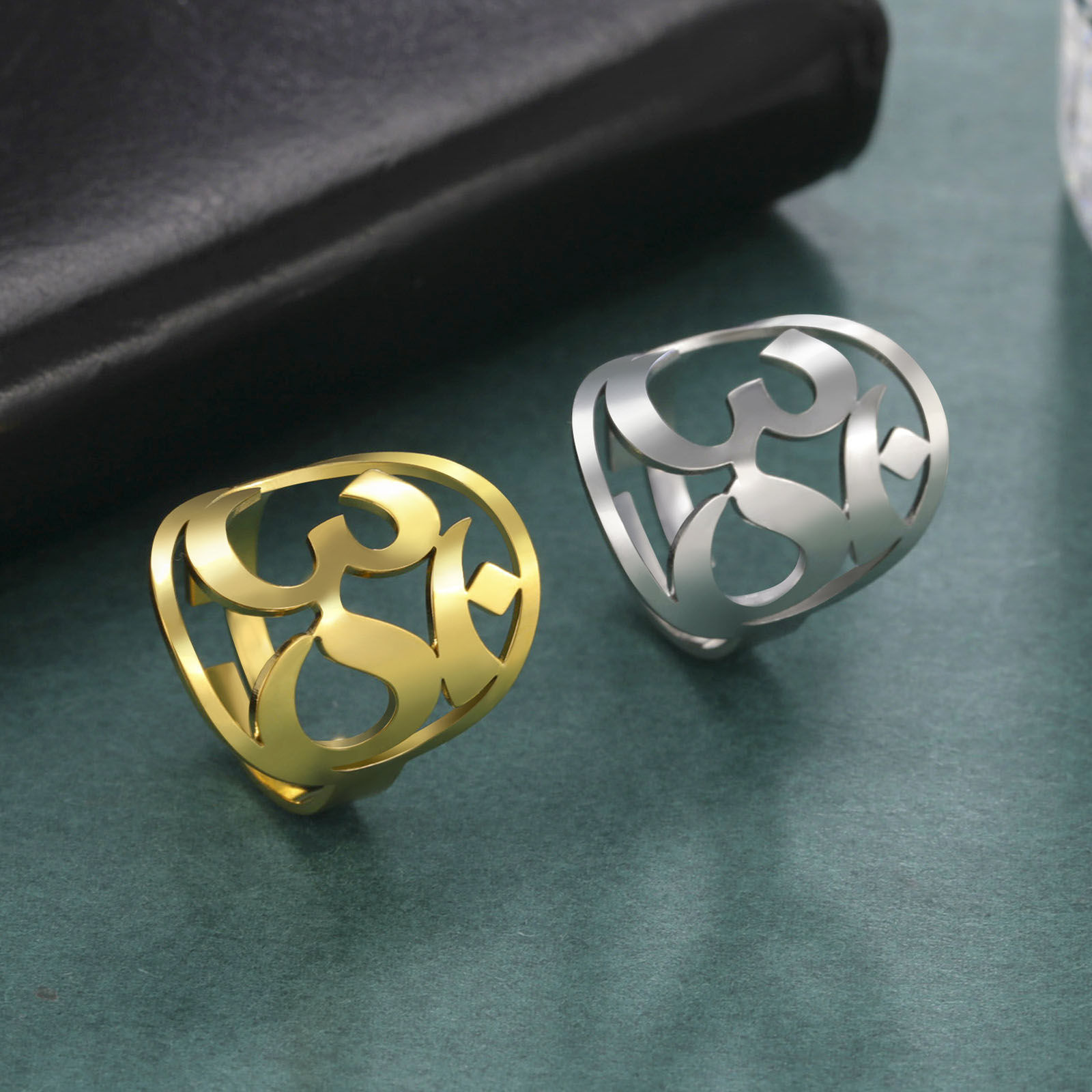 Picture of 304 Stainless Steel Religious Open Rings Multicolor Stamp Seal OM/ Aum Symbol Hollow 17.3mm(US Size 7)