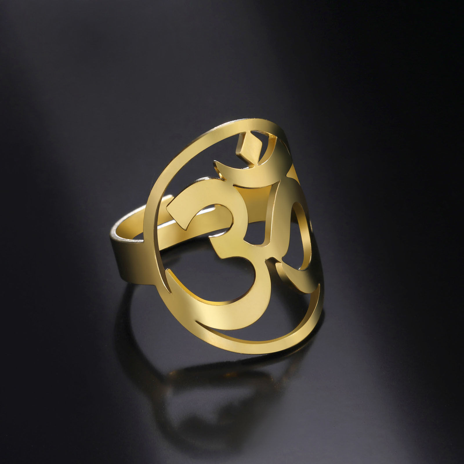 Picture of 304 Stainless Steel Religious Open Rings Multicolor Stamp Seal OM/ Aum Symbol Hollow 17.3mm(US Size 7)