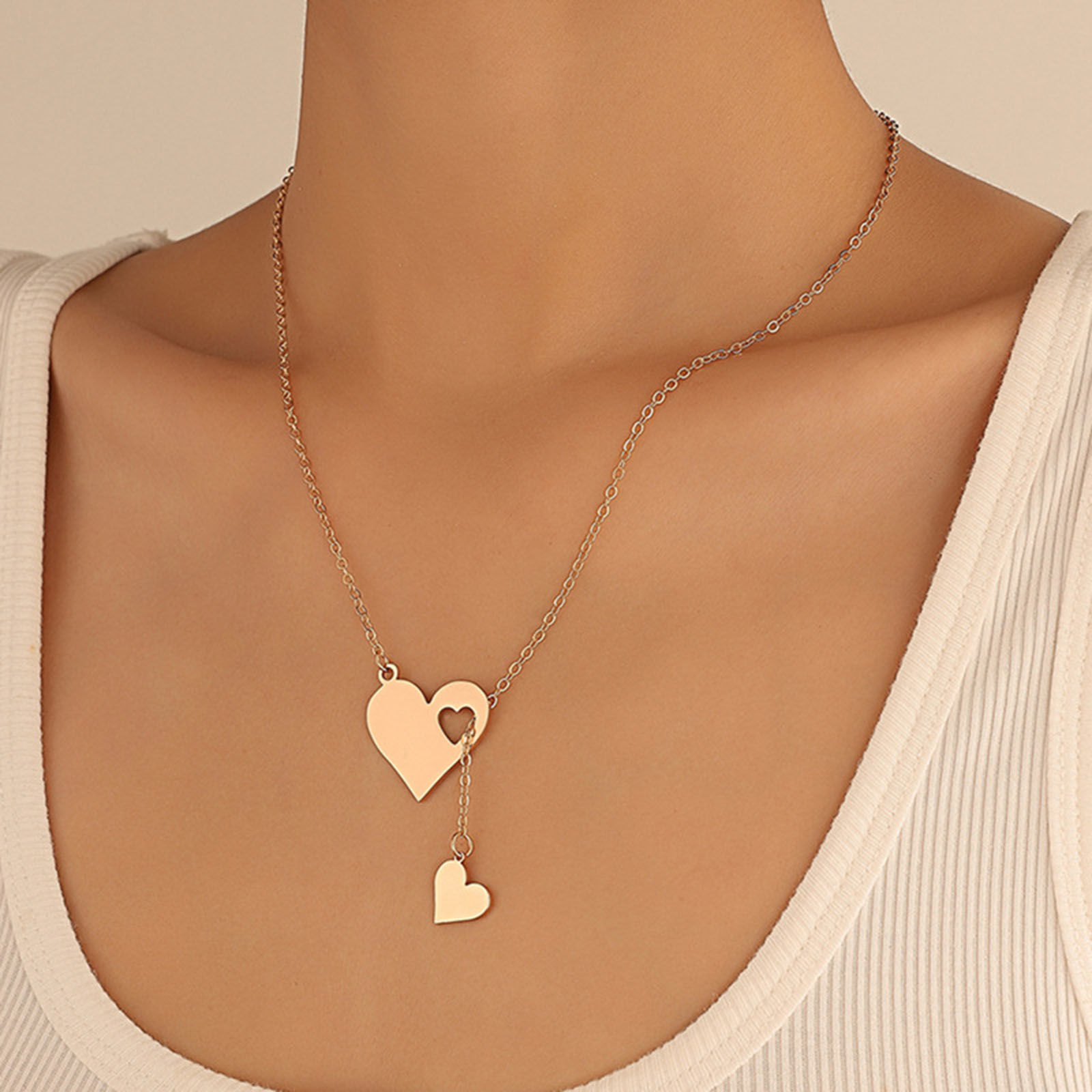 Picture of 304 Stainless Steel Valentine's Day Y Shaped Lariat Necklace Multicolor Heart Hollow 47cm(18 4/8") long