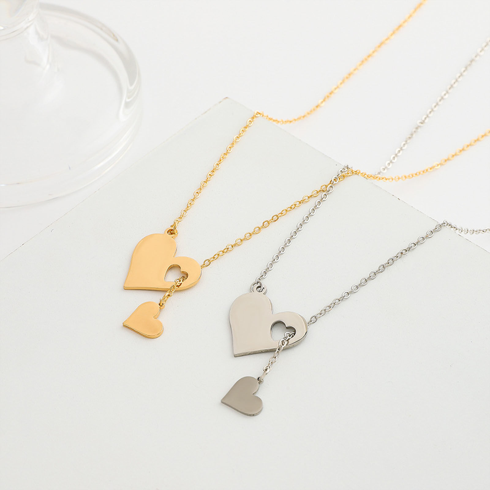 Picture of 304 Stainless Steel Valentine's Day Y Shaped Lariat Necklace Multicolor Heart Hollow 47cm(18 4/8") long